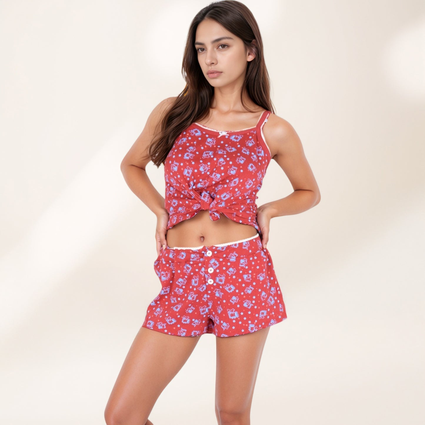 Anna-Kaci Women's Floral Print Cami Pajama Set with Button Trim and Contrast Lace Edging
