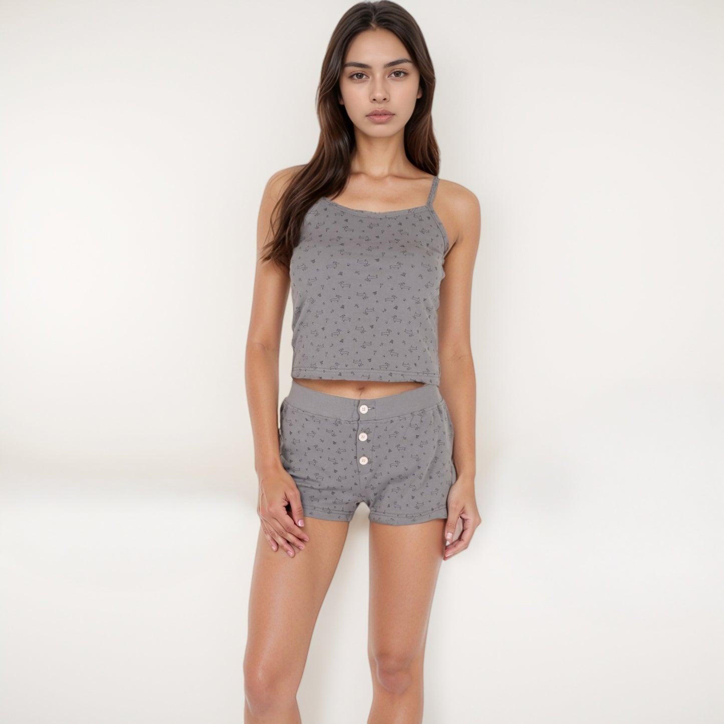 Anna-Kaci Lounge Women's Printed Ribbed Sleepwear Set with Spaghetti Strap Tank Top and Button-Front Shorts