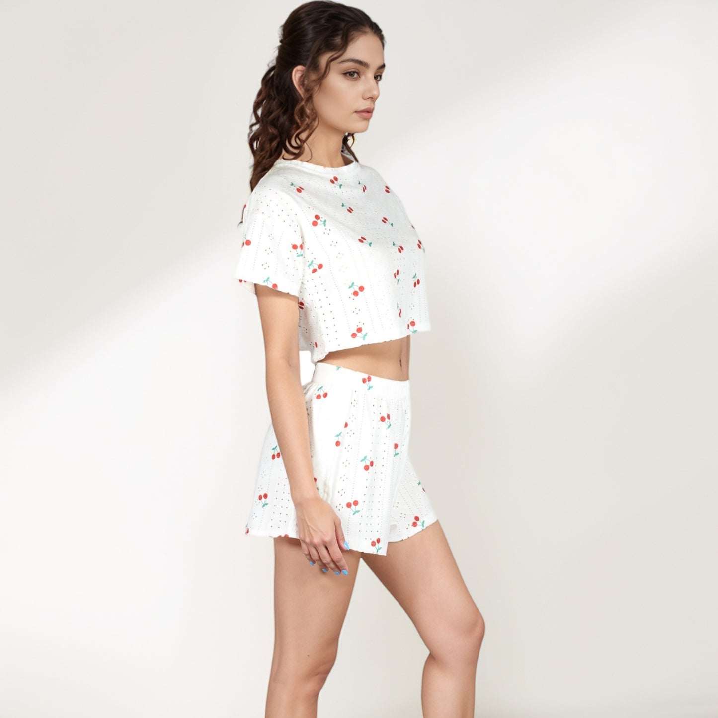 Anna-Kaci Women's Cherry Print Pajama Set with Cropped Short Sleeve Top and High Waist Relaxed Fit Lounge Shorts