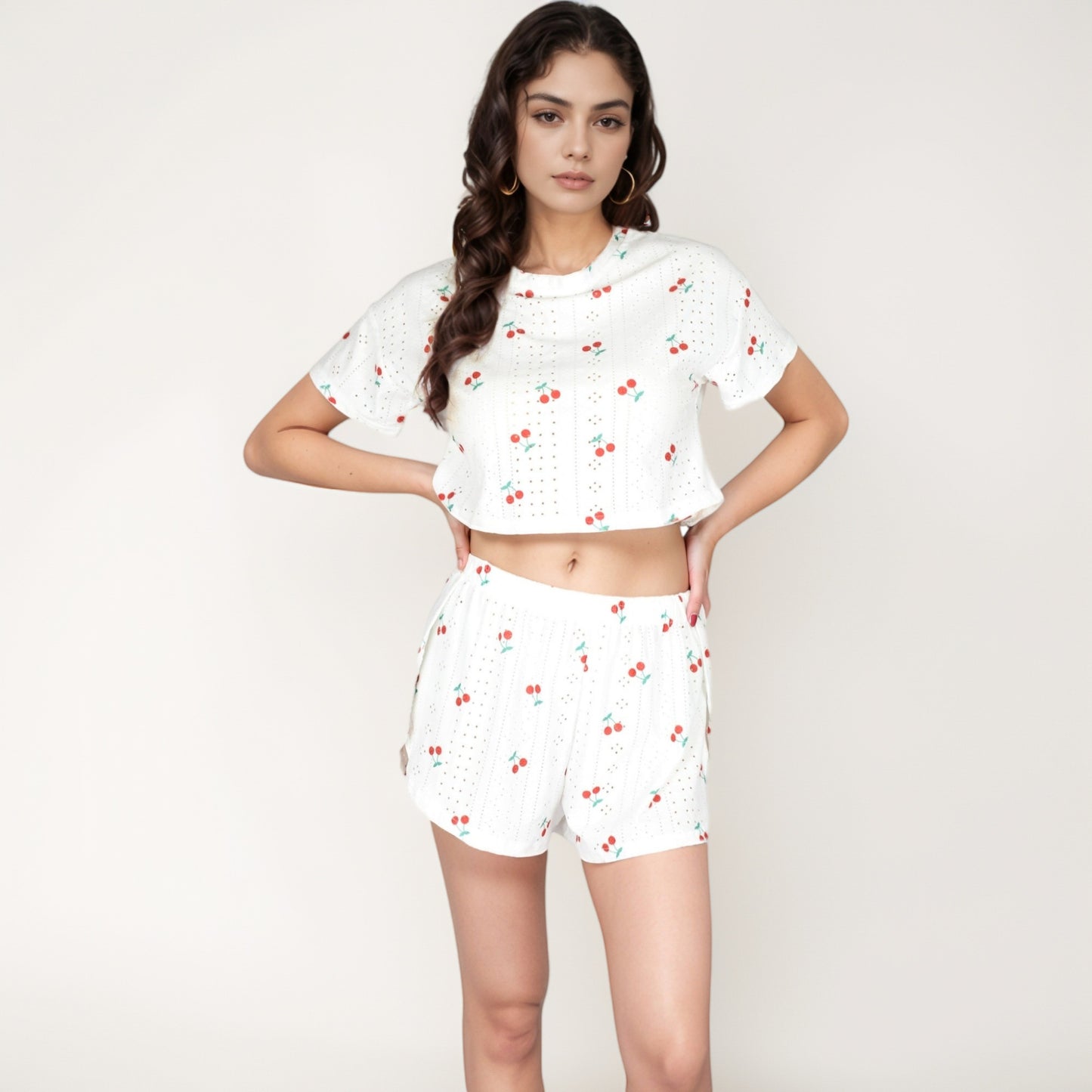 Anna-Kaci Women's Cherry Print Pajama Set with Cropped Short Sleeve Top and High Waist Relaxed Fit Lounge Shorts