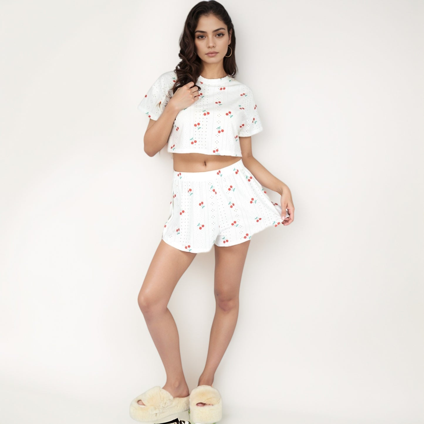 Anna-Kaci Women's Cherry Print Pajama Set with Cropped Short Sleeve Top and High Waist Relaxed Fit Lounge Shorts