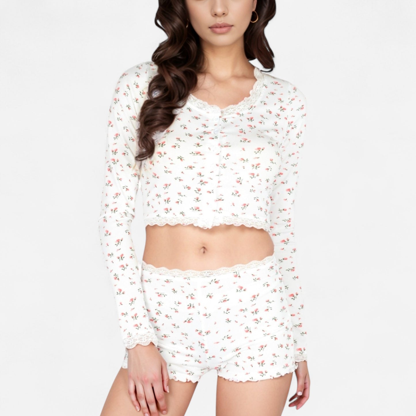Anna-Kaci Women's Floral Long Sleeve Pajama Set with Lace Trim Cropped Button Top and High Waist Lounge Shorts