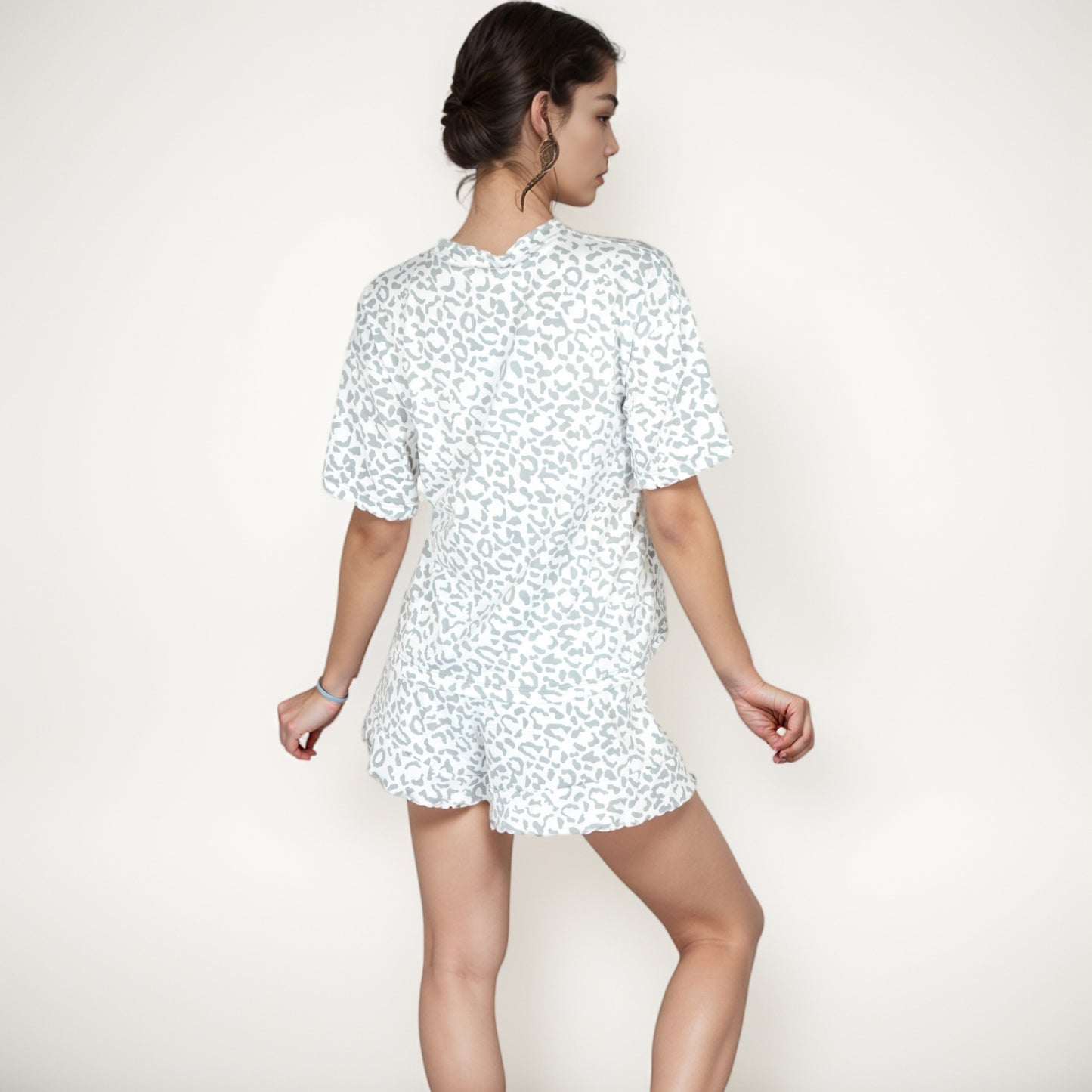 Anna-Kaci Women's Leopard Print Short Sleeve Pajama Set with Crew Neck Top and Relaxed Fit Lounge Shorts