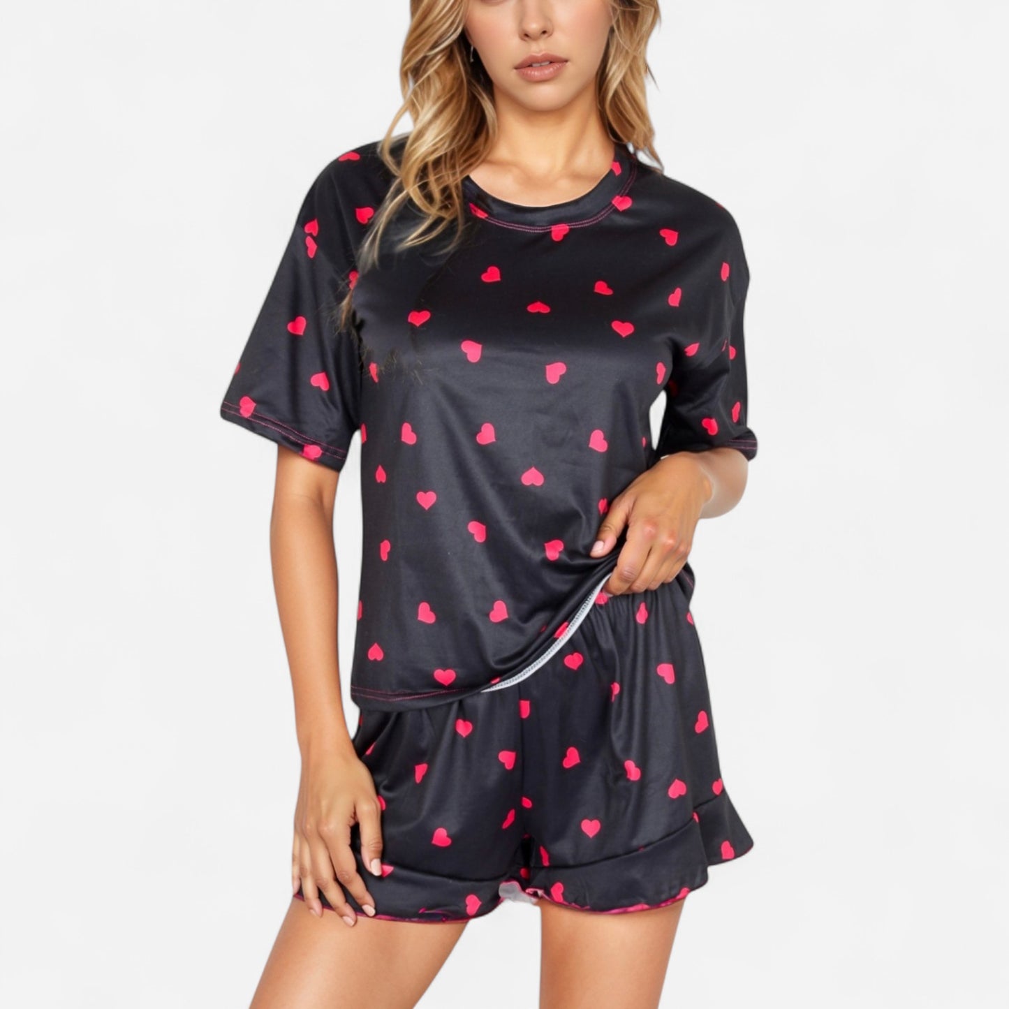 Anna-Kaci Women's Heart Print Satin Pajama Set with Short Sleeve Crew Neck Top and Ruffle Trim Lounge Shorts
