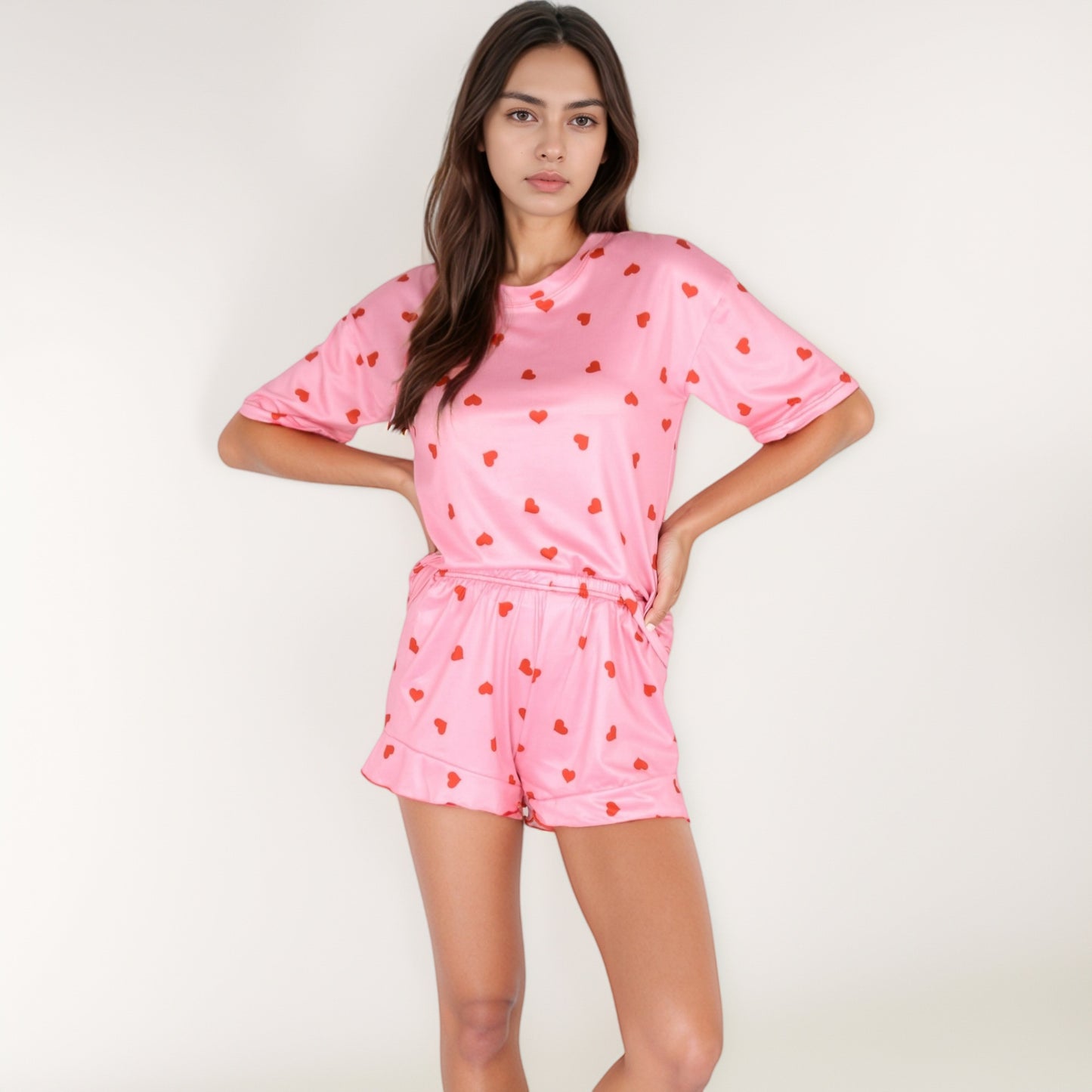 Anna-Kaci Women's Heart Print Satin Pajama Set with Short Sleeve Crew Neck Top and Ruffle Trim Lounge Shorts