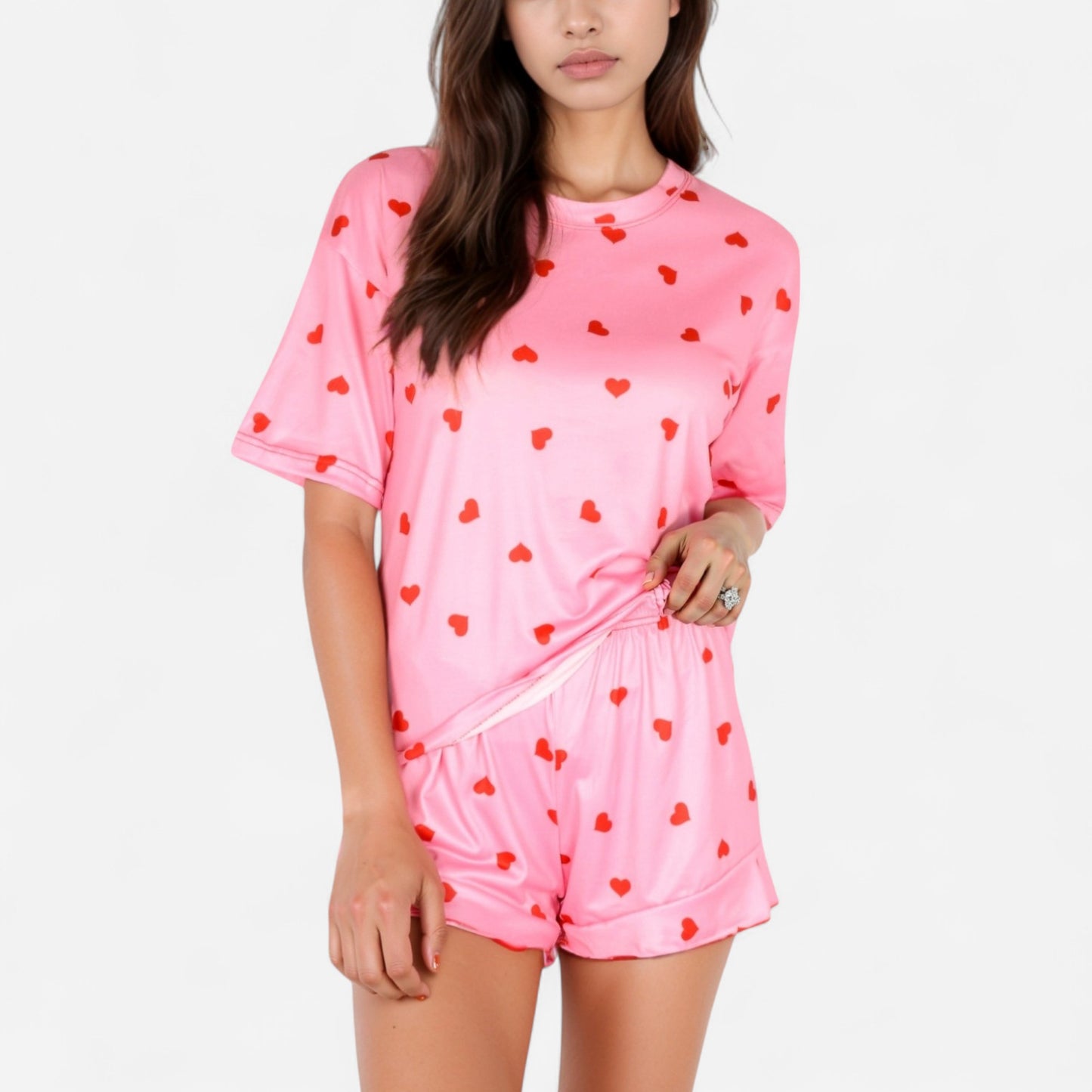 Anna-Kaci Women's Heart Print Satin Pajama Set with Short Sleeve Crew Neck Top and Ruffle Trim Lounge Shorts