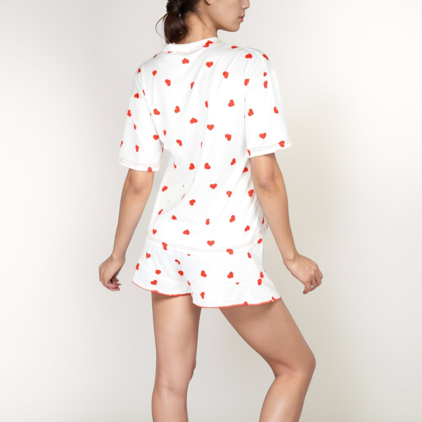 Anna-Kaci Women's Heart Print Satin Pajama Set with Short Sleeve Crew Neck Top and Ruffle Trim Lounge Shorts