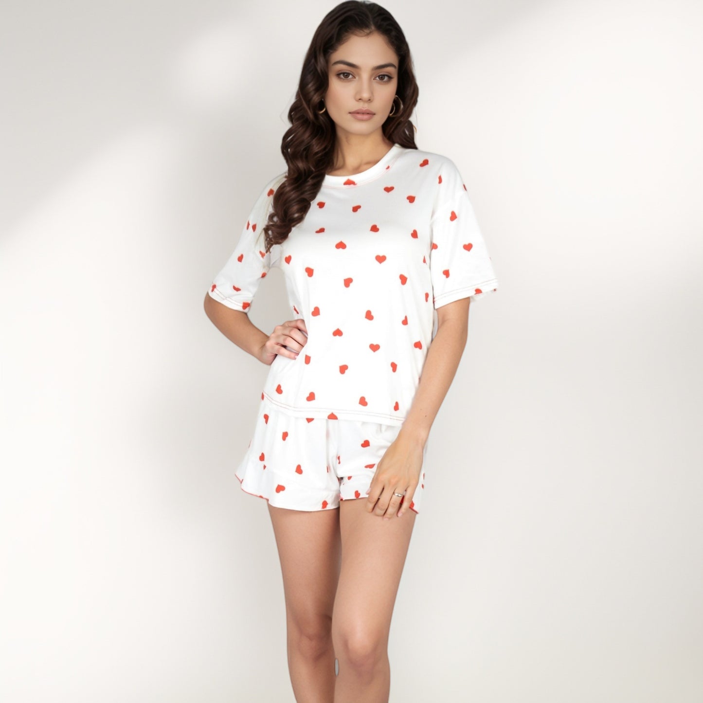 Anna-Kaci Women's Heart Print Satin Pajama Set with Short Sleeve Crew Neck Top and Ruffle Trim Lounge Shorts