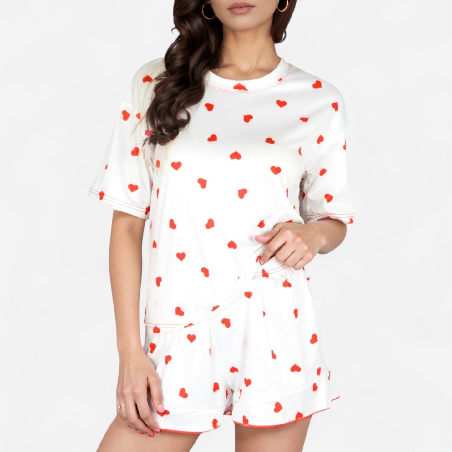 Anna-Kaci Women's Heart Print Satin Pajama Set with Short Sleeve Crew Neck Top and Ruffle Trim Lounge Shorts