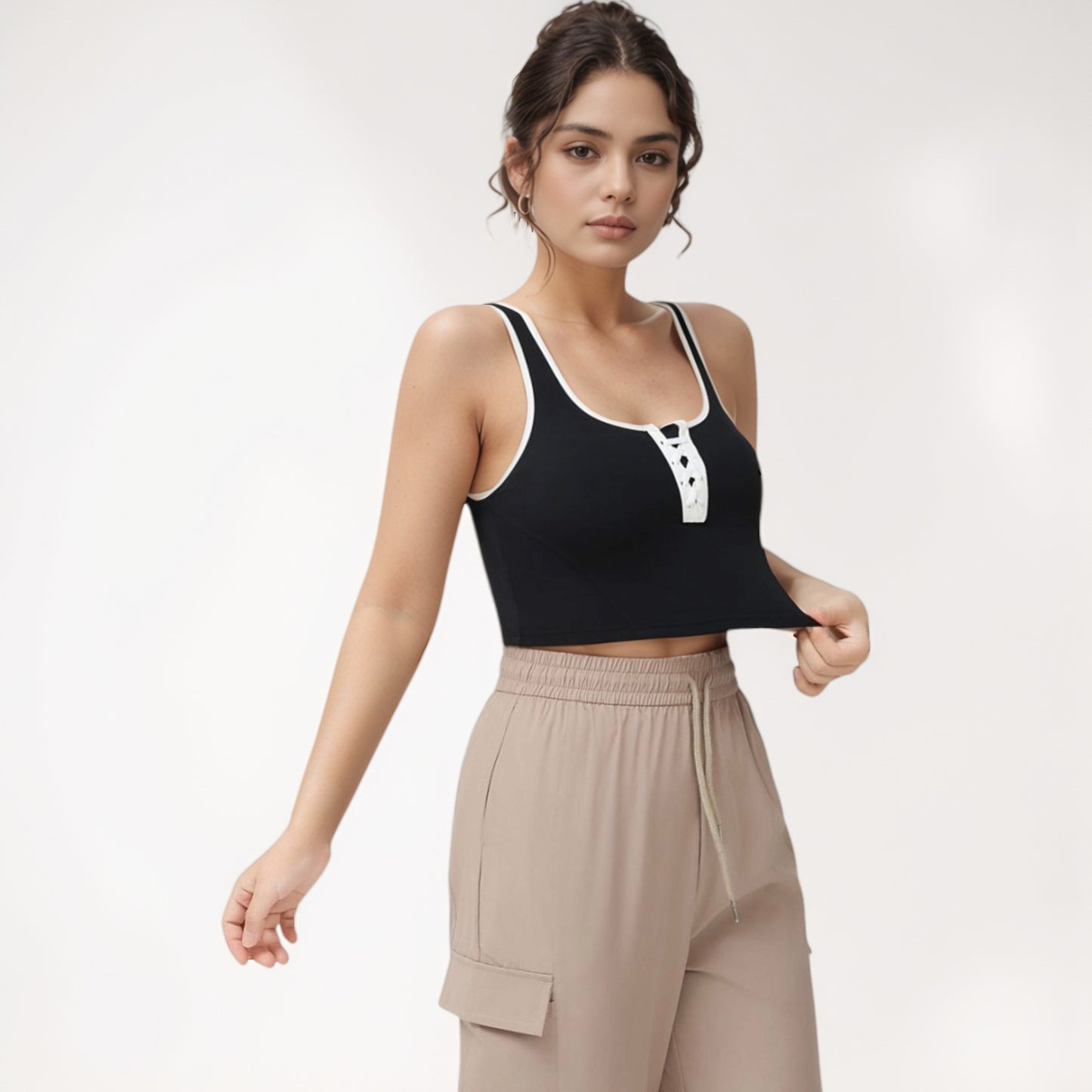 Anna-Kaci Women's Cropped Tank Top with Contrast Trim and Lace-Up Front Detail