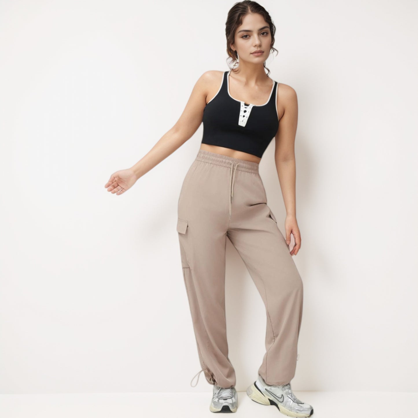 Anna-Kaci Women's Cropped Tank Top with Contrast Trim and Lace-Up Front Detail