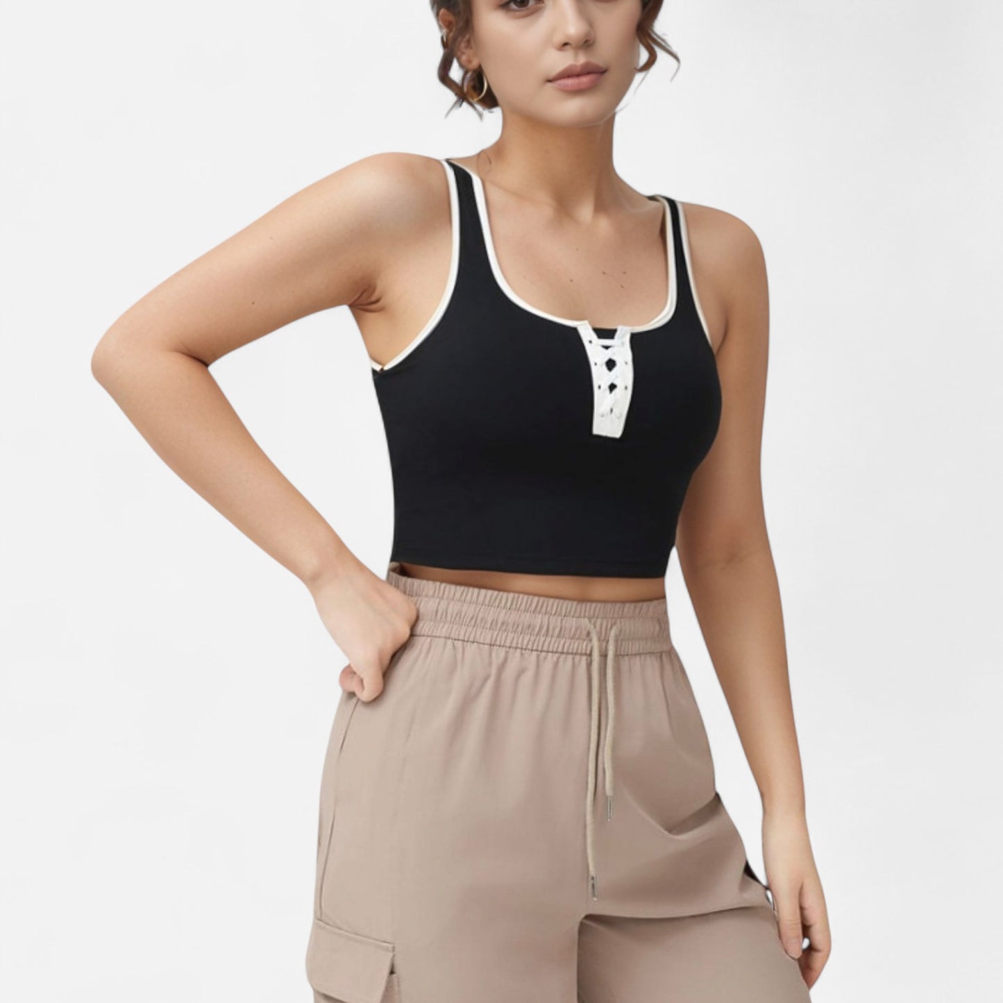 Anna-Kaci Women's Cropped Tank Top with Contrast Trim and Lace-Up Front Detail