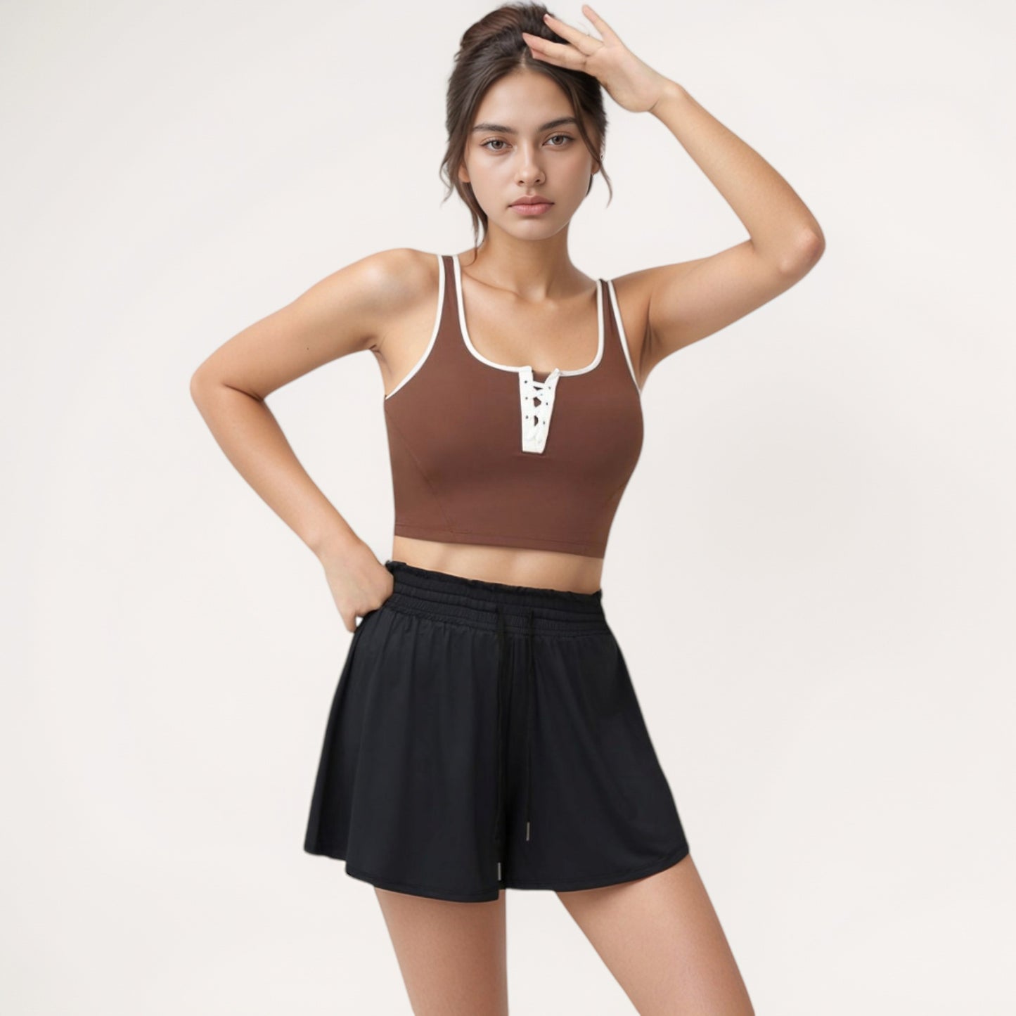 Anna-Kaci Women's Cropped Tank Top with Contrast Trim and Lace-Up Front Detail