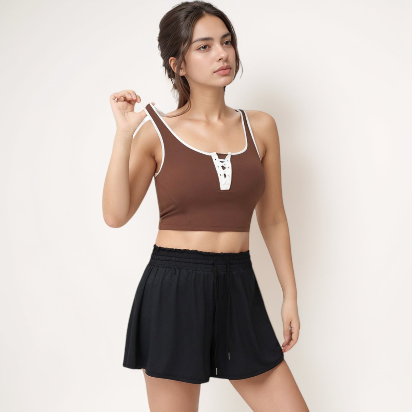 Anna-Kaci Women's Cropped Tank Top with Contrast Trim and Lace-Up Front Detail