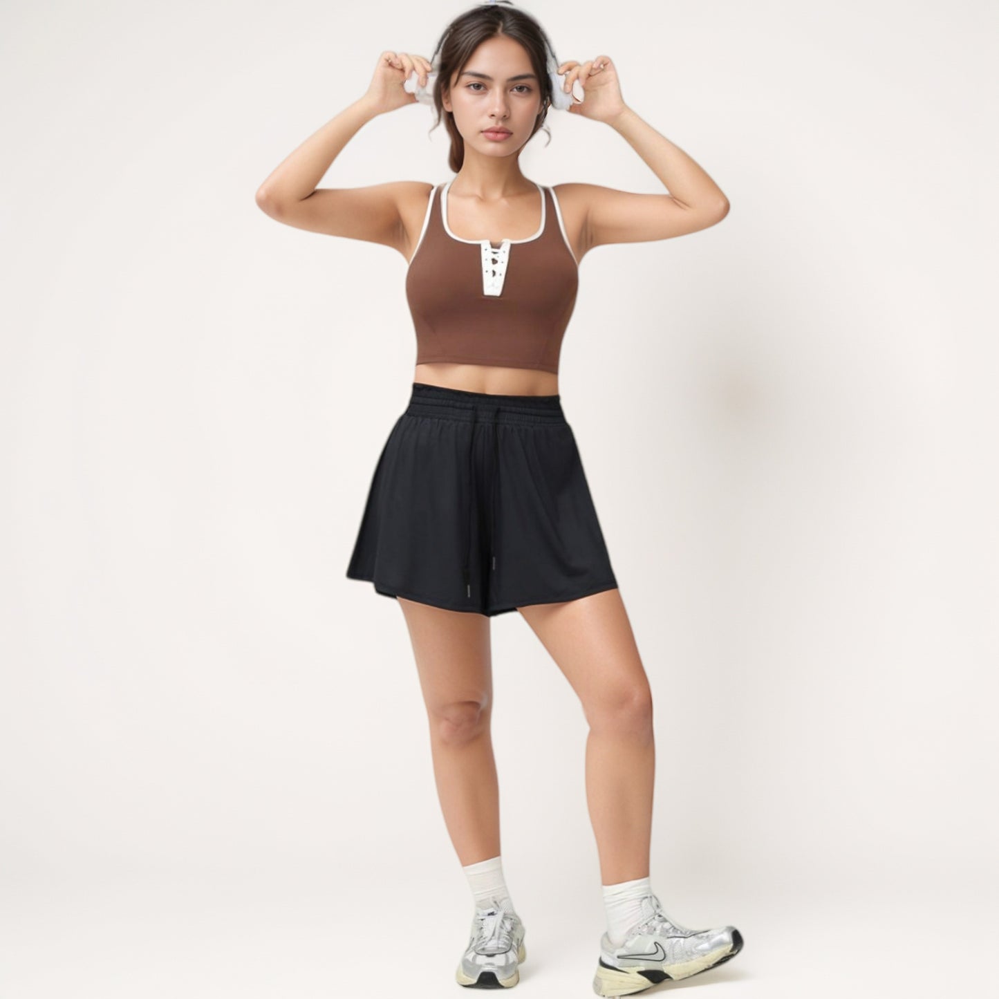 Anna-Kaci Women's Cropped Tank Top with Contrast Trim and Lace-Up Front Detail