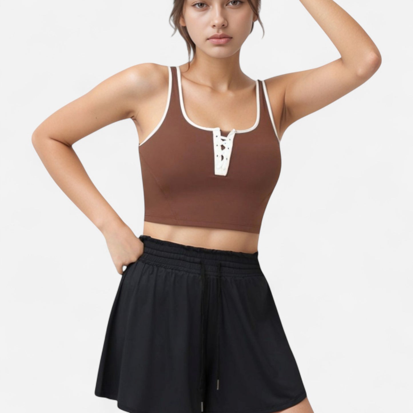 Anna-Kaci Women's Cropped Tank Top with Contrast Trim and Lace-Up Front Detail