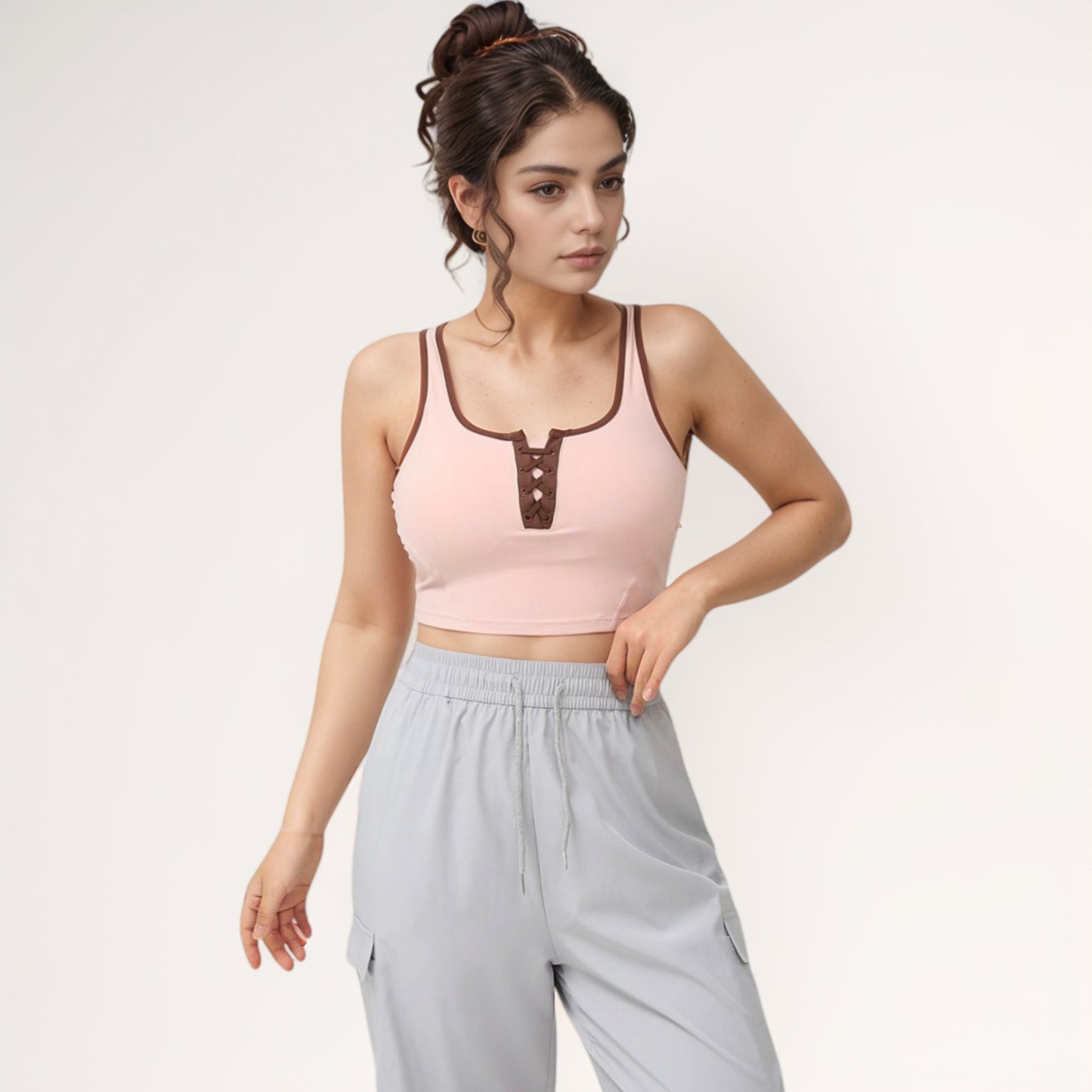 Anna-Kaci Women's Cropped Tank Top with Contrast Trim and Lace-Up Front Detail