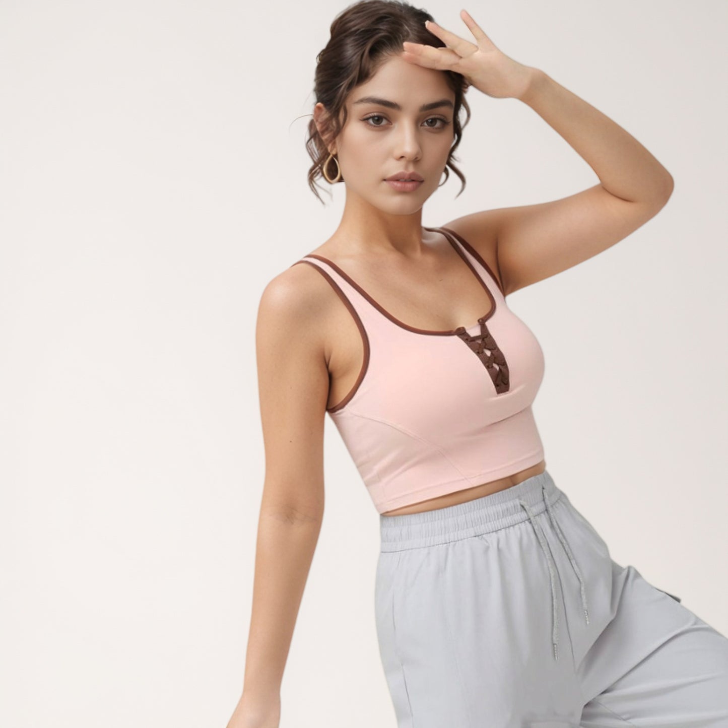 Anna-Kaci Women's Cropped Tank Top with Contrast Trim and Lace-Up Front Detail