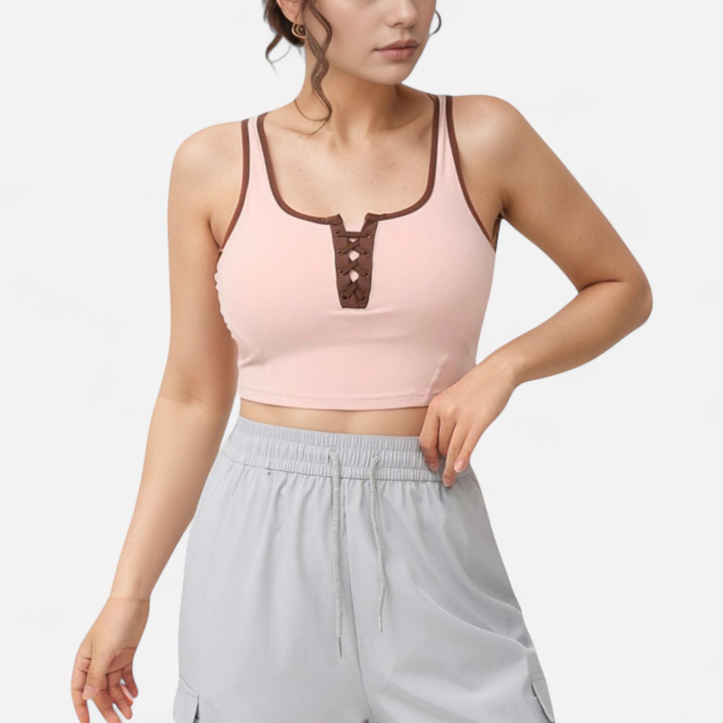 Anna-Kaci Women's Cropped Tank Top with Contrast Trim and Lace-Up Front Detail