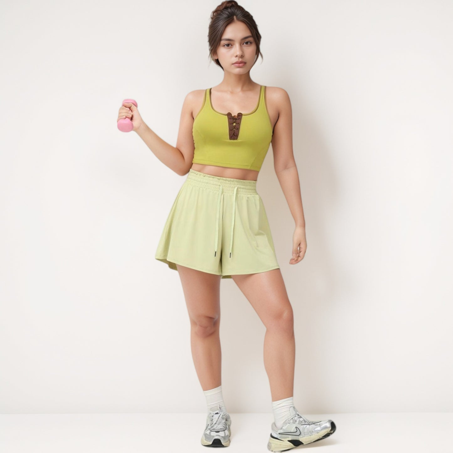 Anna-Kaci Women's Cropped Tank Top with Contrast Trim and Lace-Up Front Detail