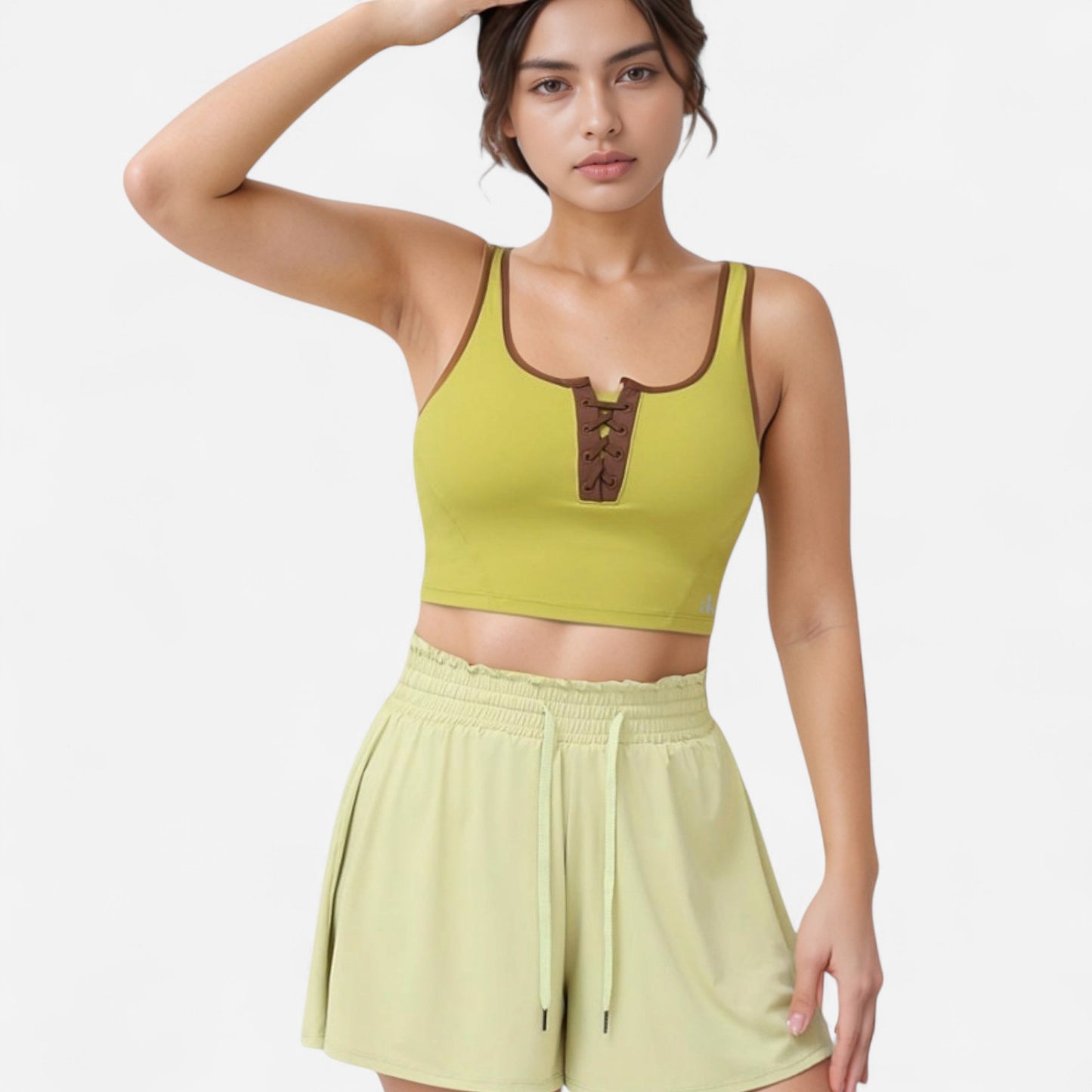 Anna-Kaci Women's Cropped Tank Top with Contrast Trim and Lace-Up Front Detail