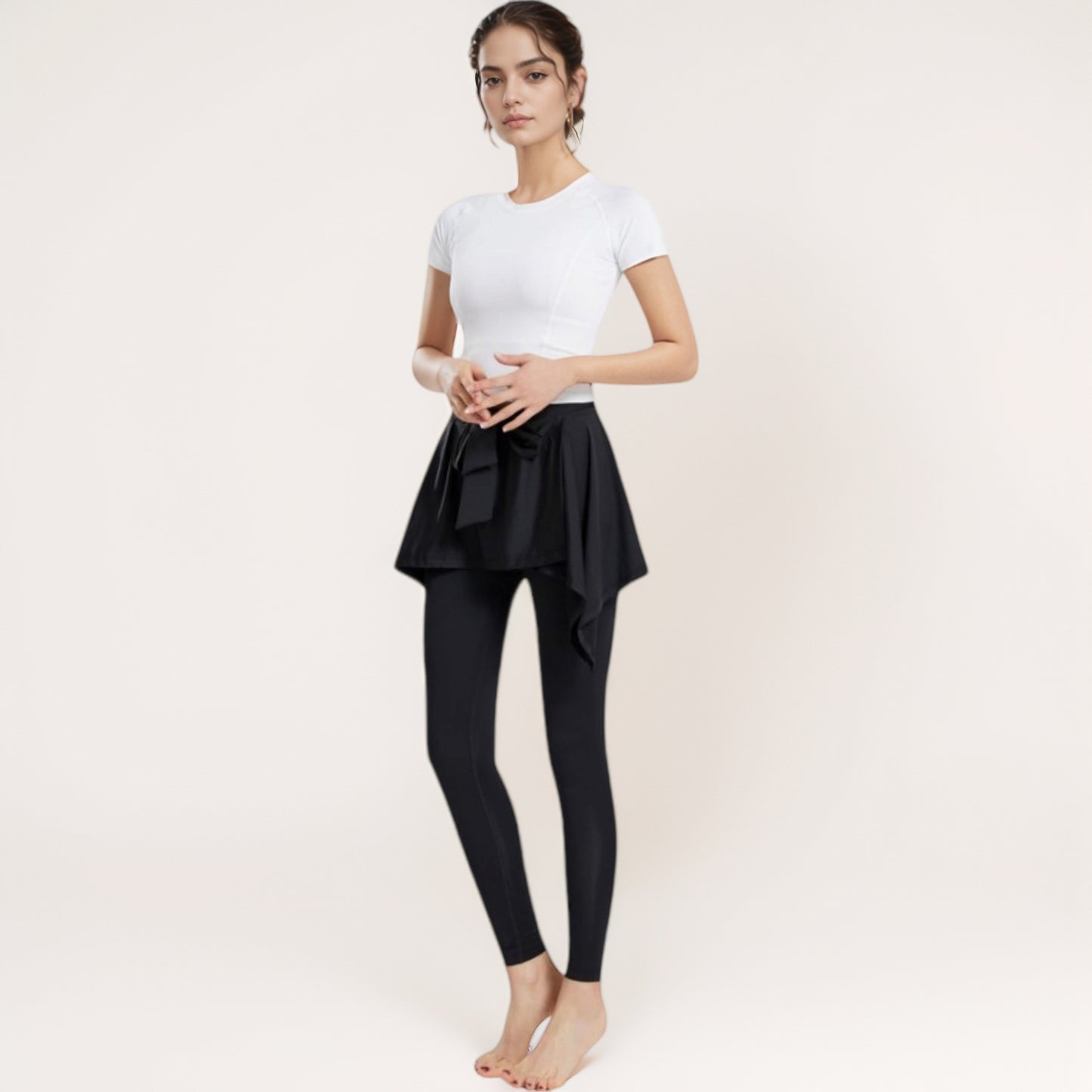 Anna-Kaci Women's Full-Length Leggings with Attached Tie-Front Skirt Overlay for Active and Casual Looks