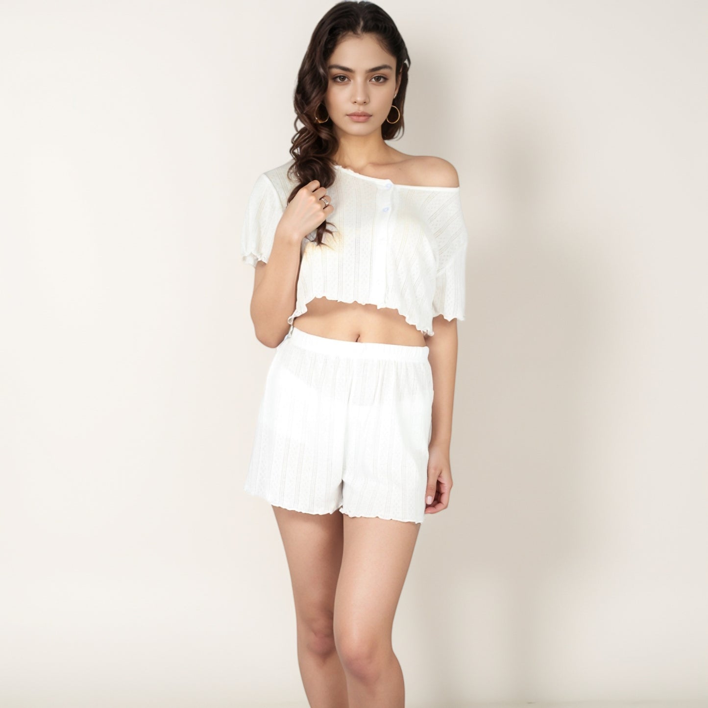 Anna-Kaci Lounge Women's Ribbed Knit Sleepwear Set with Short Sleeve Button Front Top and High Waist Shorts