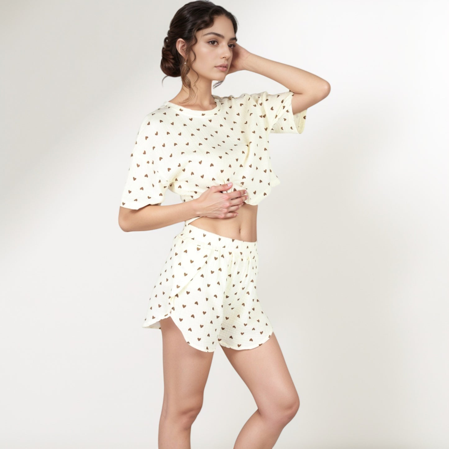 Anna-Kaci Lounge Women's Heart Print Waffle Knit Sleepwear Set with Cropped Tee and Elastic Waist Shorts
