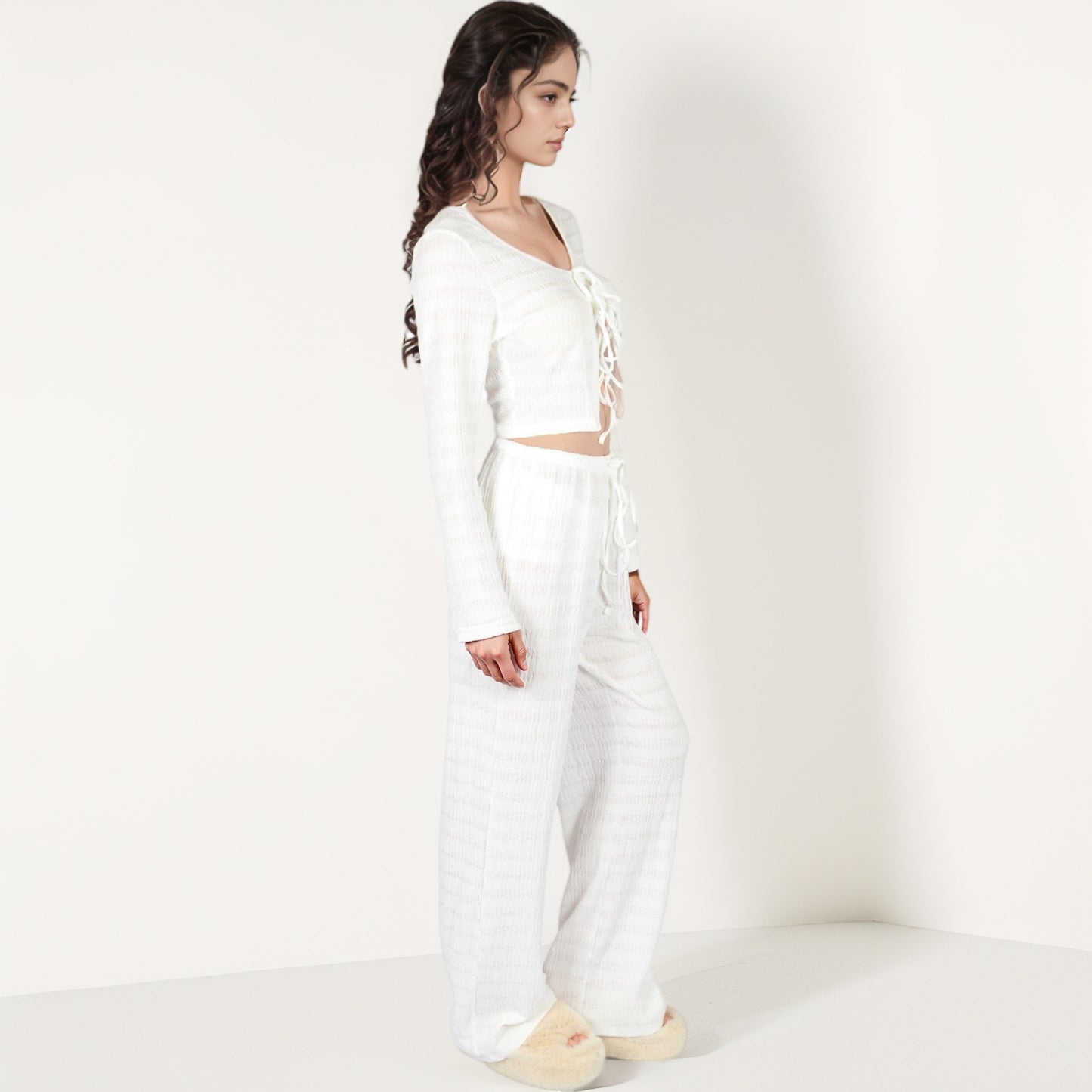 Anna-Kaci Lounge Women's Long Sleeve Waffle Knit Sleepwear Set with Front Tie Crop Top and Drawstring Lounge Pants