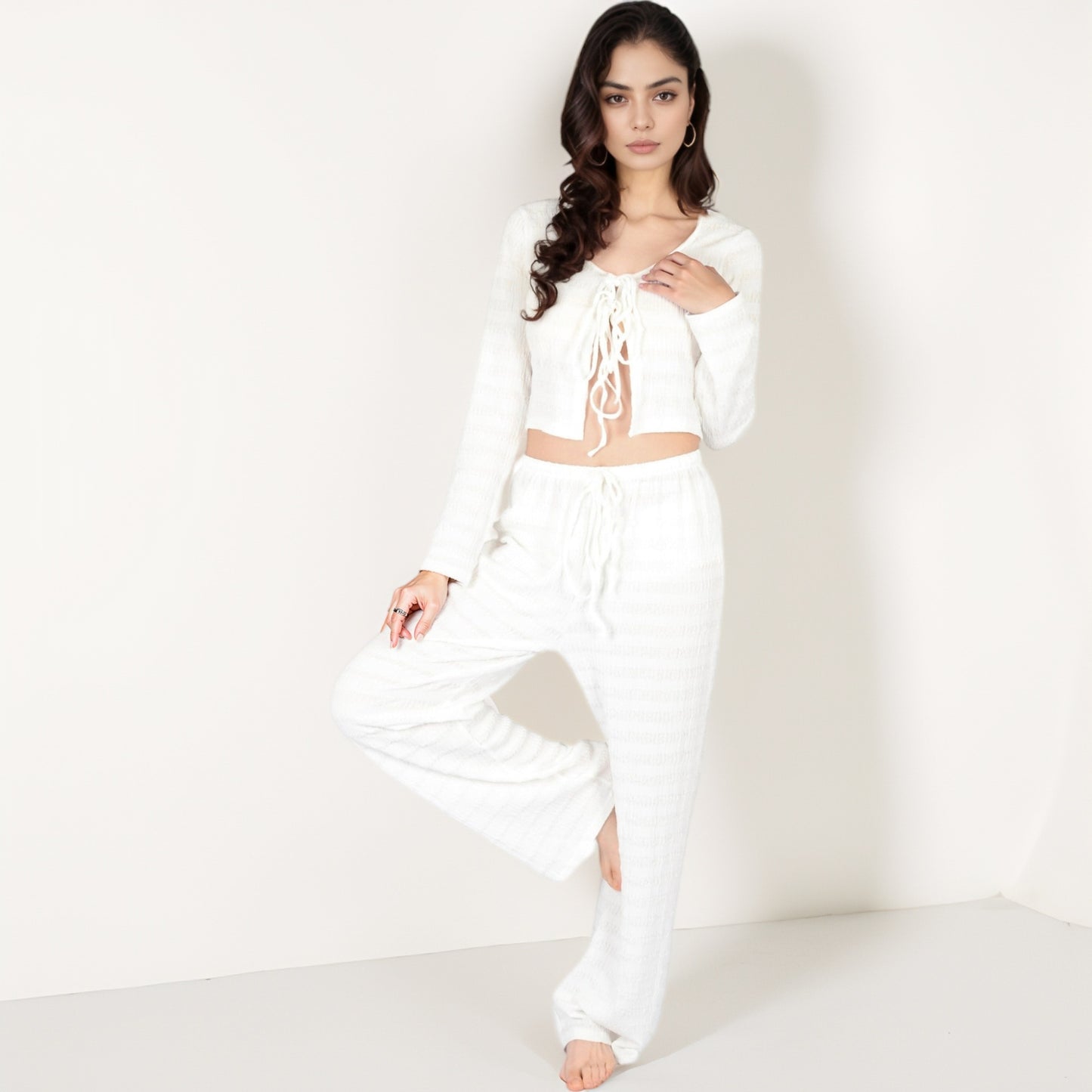 Anna-Kaci Lounge Women's Long Sleeve Waffle Knit Sleepwear Set with Front Tie Crop Top and Drawstring Lounge Pants