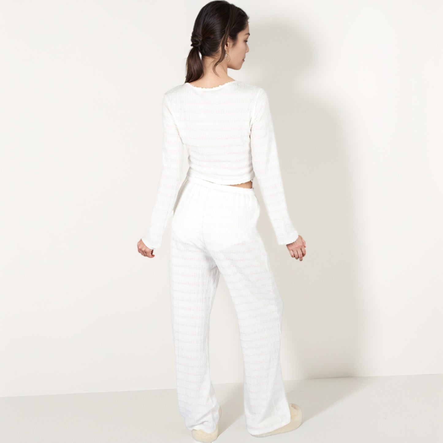 Anna-Kaci Lounge Women's Long Sleeve Waffle Knit Sleepwear Set with Front Tie Crop Top and Drawstring Lounge Pants