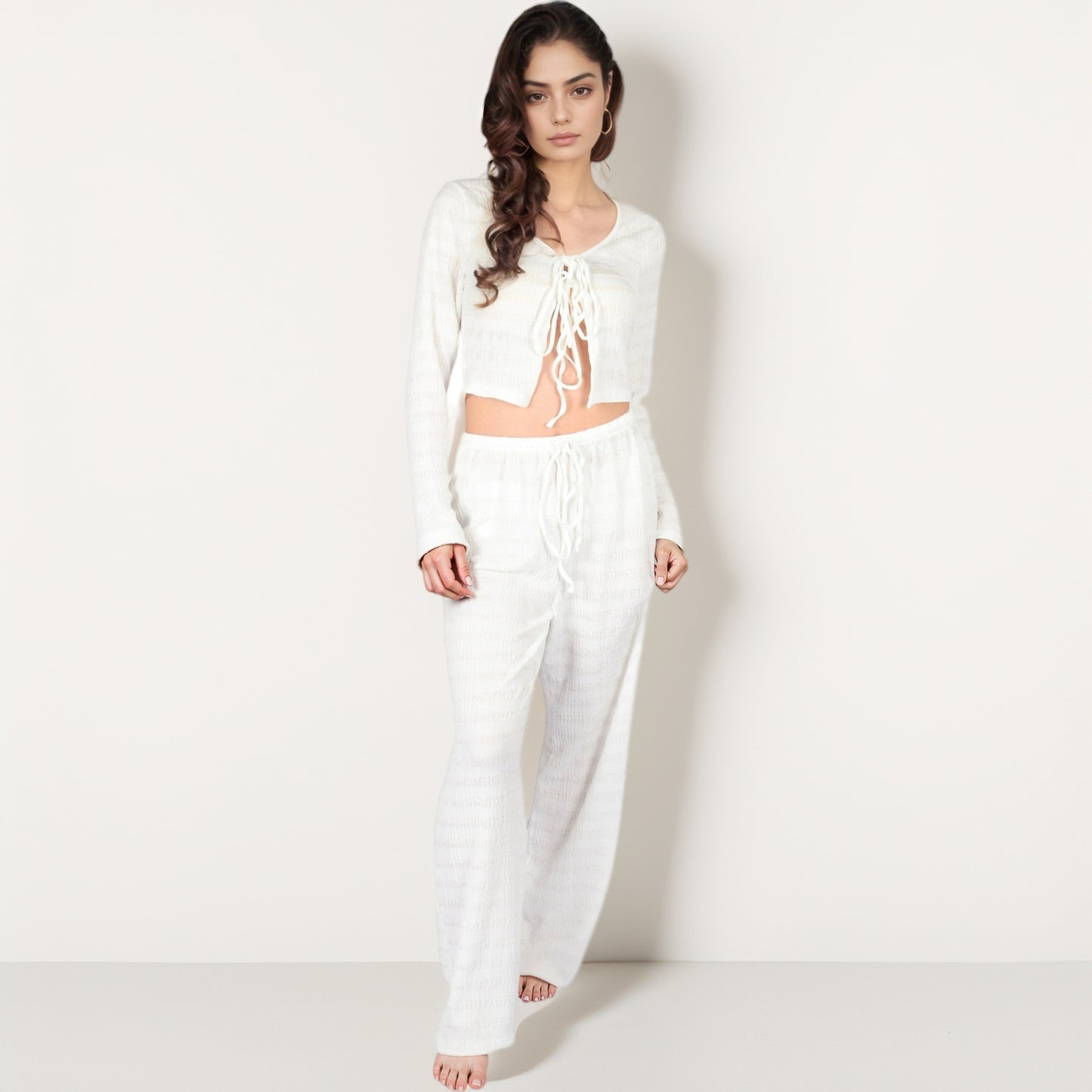 Anna-Kaci Lounge Women's Long Sleeve Waffle Knit Sleepwear Set with Front Tie Crop Top and Drawstring Lounge Pants