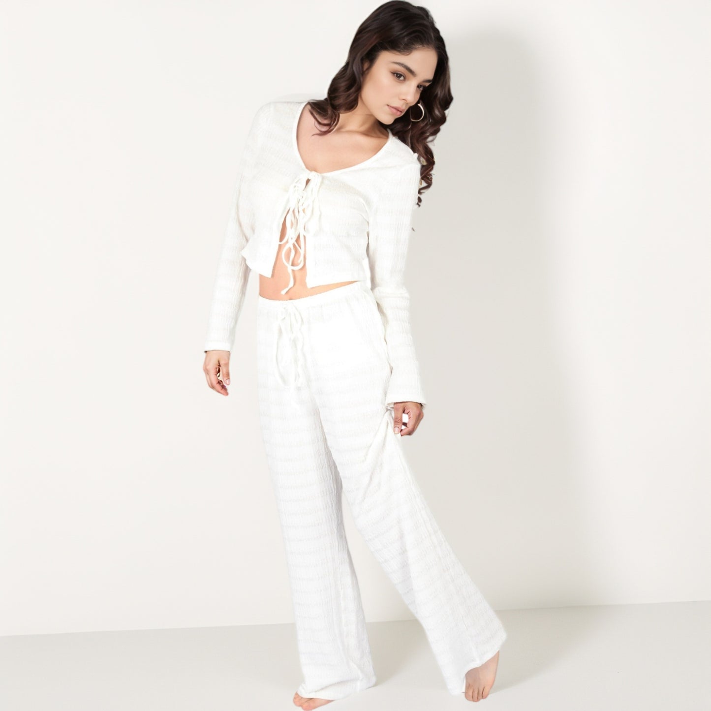 Anna-Kaci Lounge Women's Long Sleeve Waffle Knit Sleepwear Set with Front Tie Crop Top and Drawstring Lounge Pants