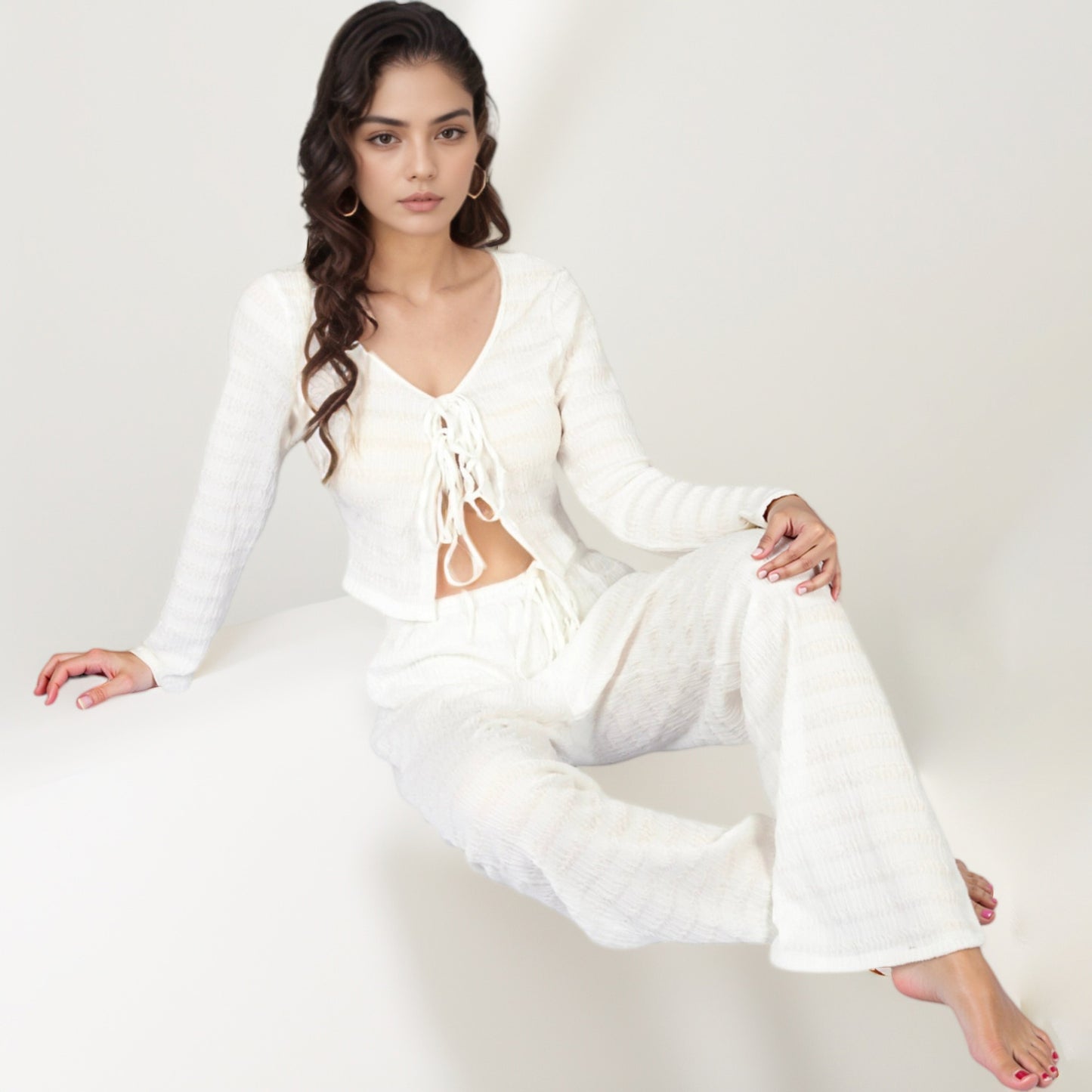 Anna-Kaci Lounge Women's Long Sleeve Waffle Knit Sleepwear Set with Front Tie Crop Top and Drawstring Lounge Pants