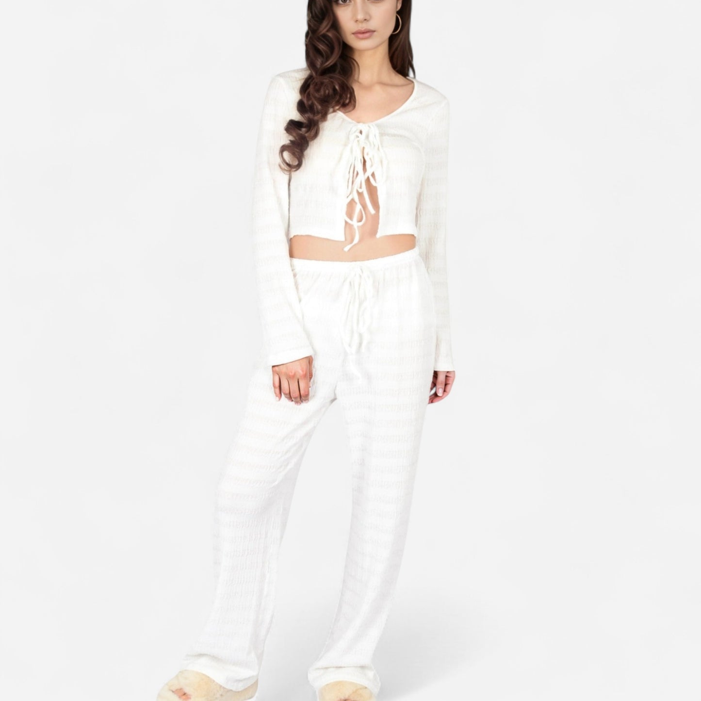 Anna-Kaci Lounge Women's Long Sleeve Waffle Knit Sleepwear Set with Front Tie Crop Top and Drawstring Lounge Pants