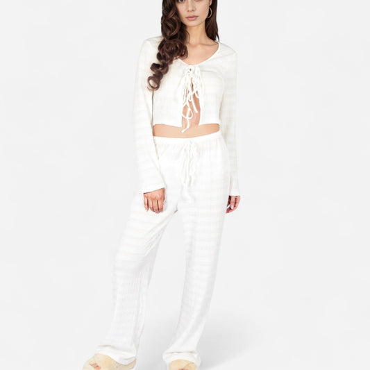 Anna-Kaci Lounge Women's Long Sleeve Waffle Knit Sleepwear Set with Front Tie Crop Top and Drawstring Lounge Pants