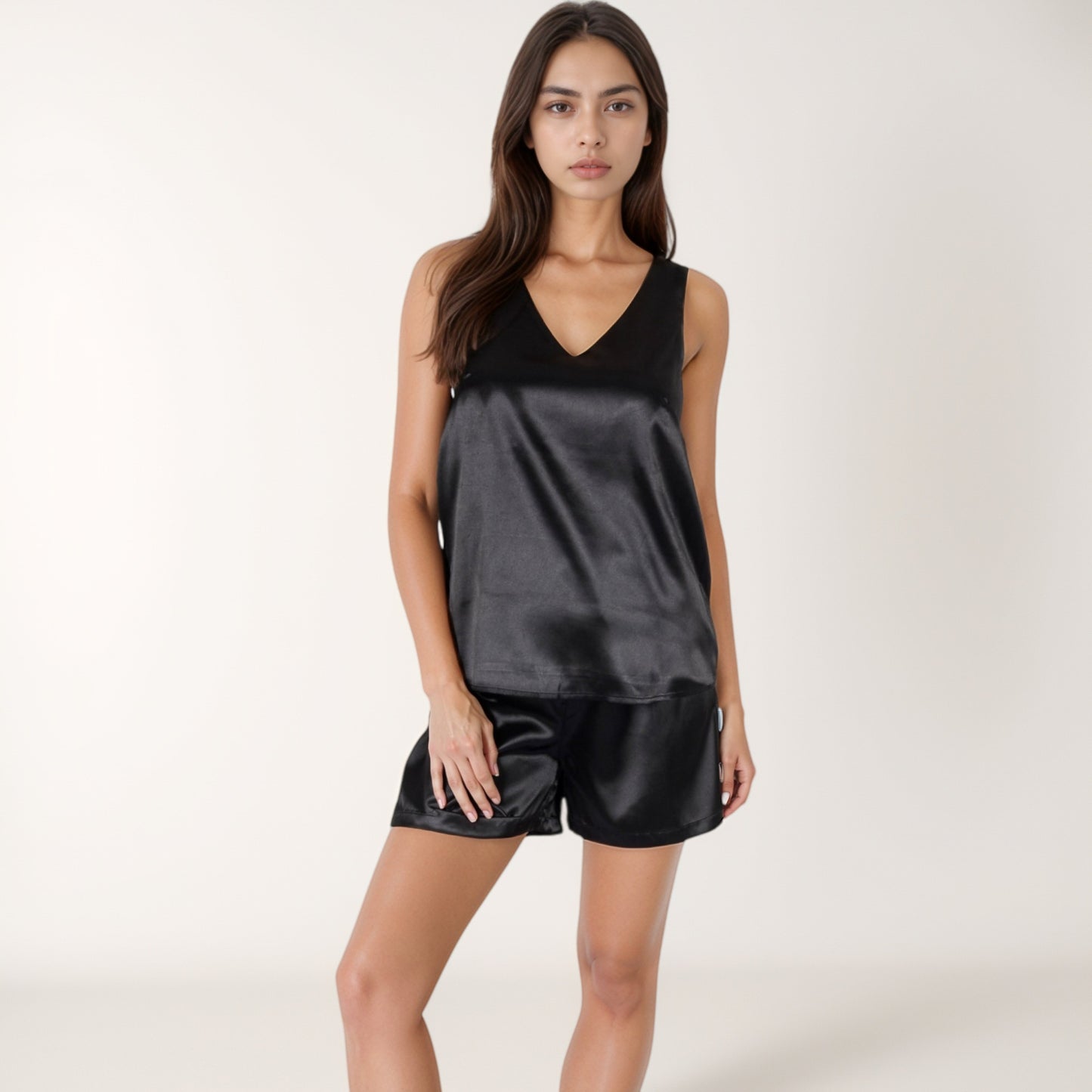 Anna-Kaci Lounge Women's Satin Sleepwear Set with Sleeveless V-Neck Top and Button-Detail Shorts