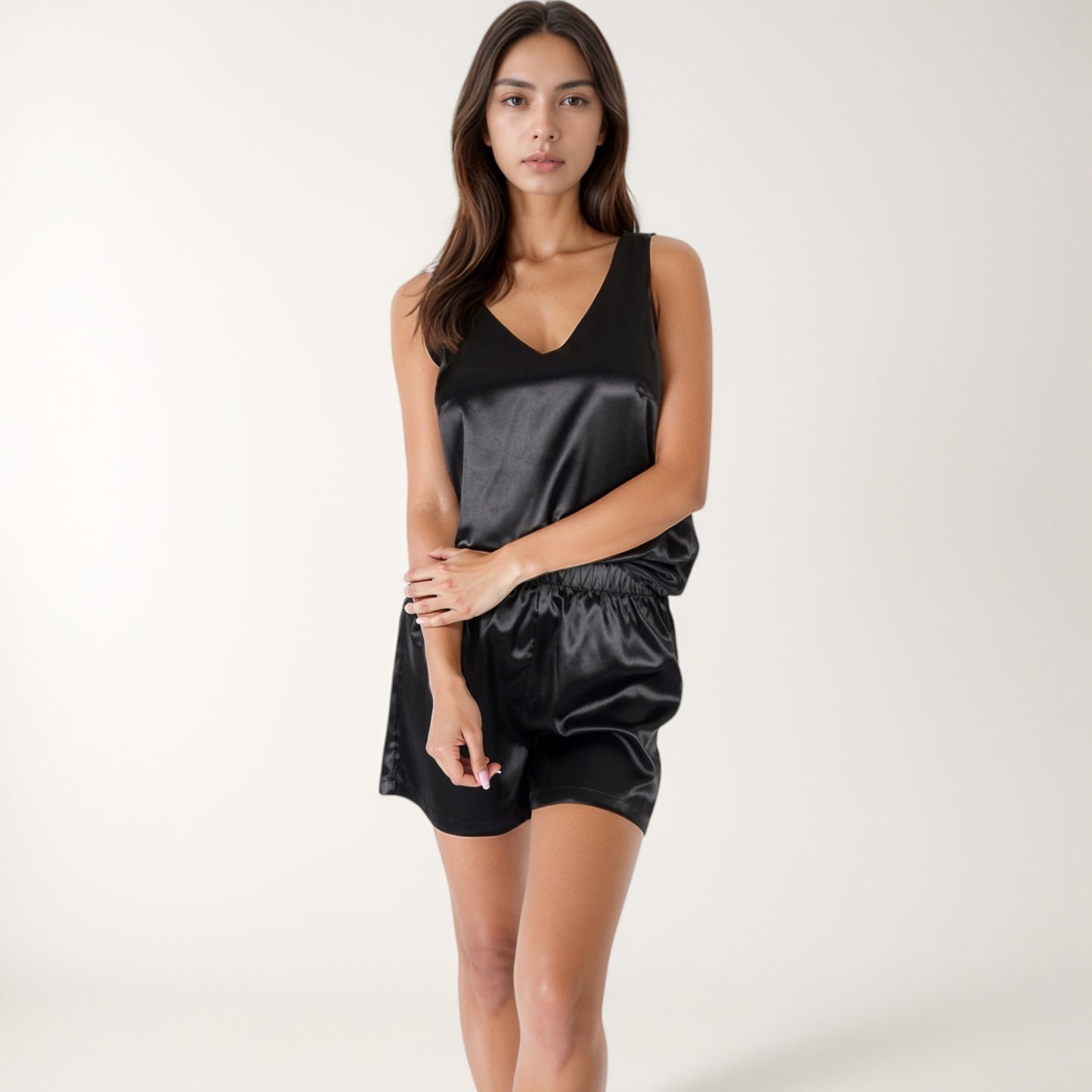 Anna-Kaci Lounge Women's Satin Sleepwear Set with Sleeveless V-Neck Top and Button-Detail Shorts
