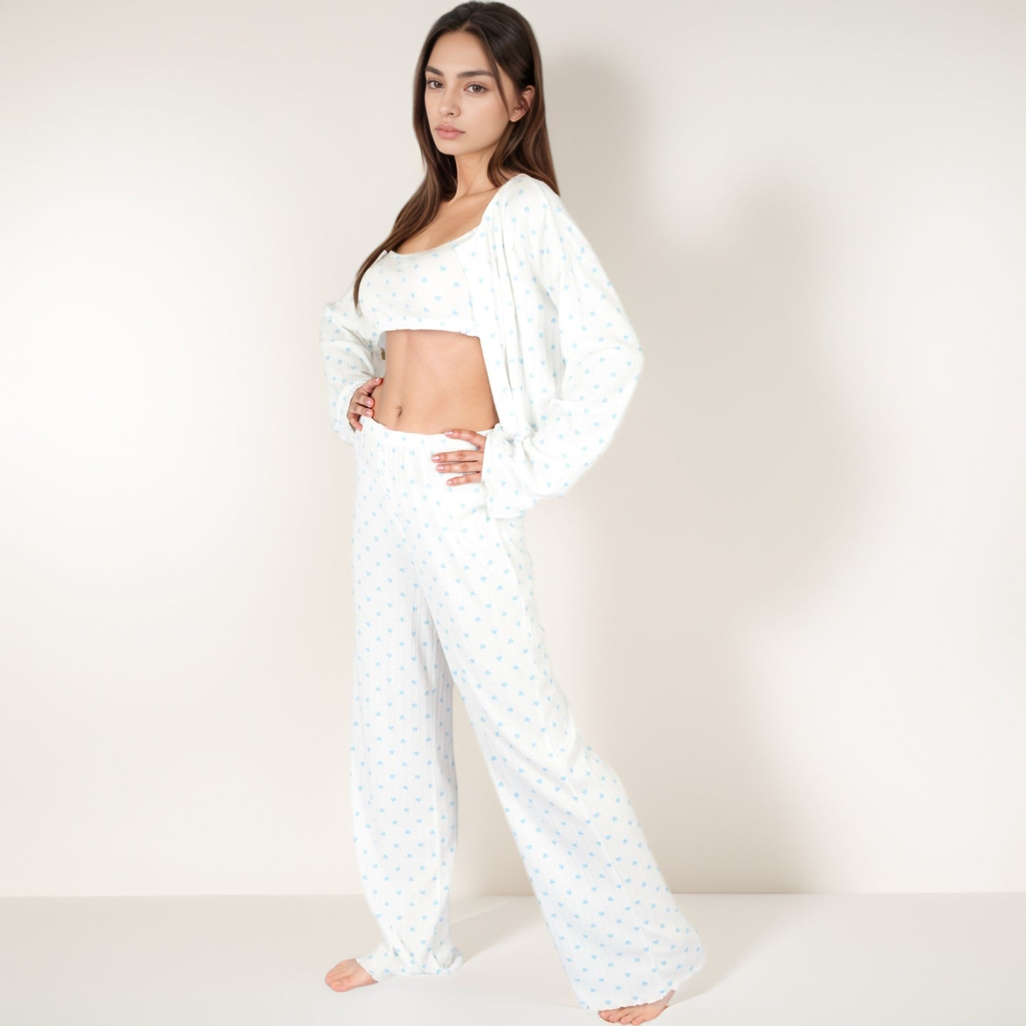Anna-Kaci Lounge Women's Heart Print Long Sleeve Cropped Top and Wide Leg Pajama Pants Lounge Set