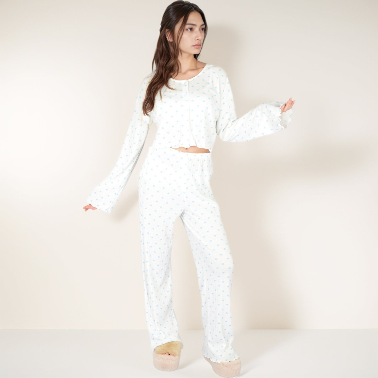Anna-Kaci Lounge Women's Heart Print Long Sleeve Cropped Top and Wide Leg Pajama Pants Lounge Set