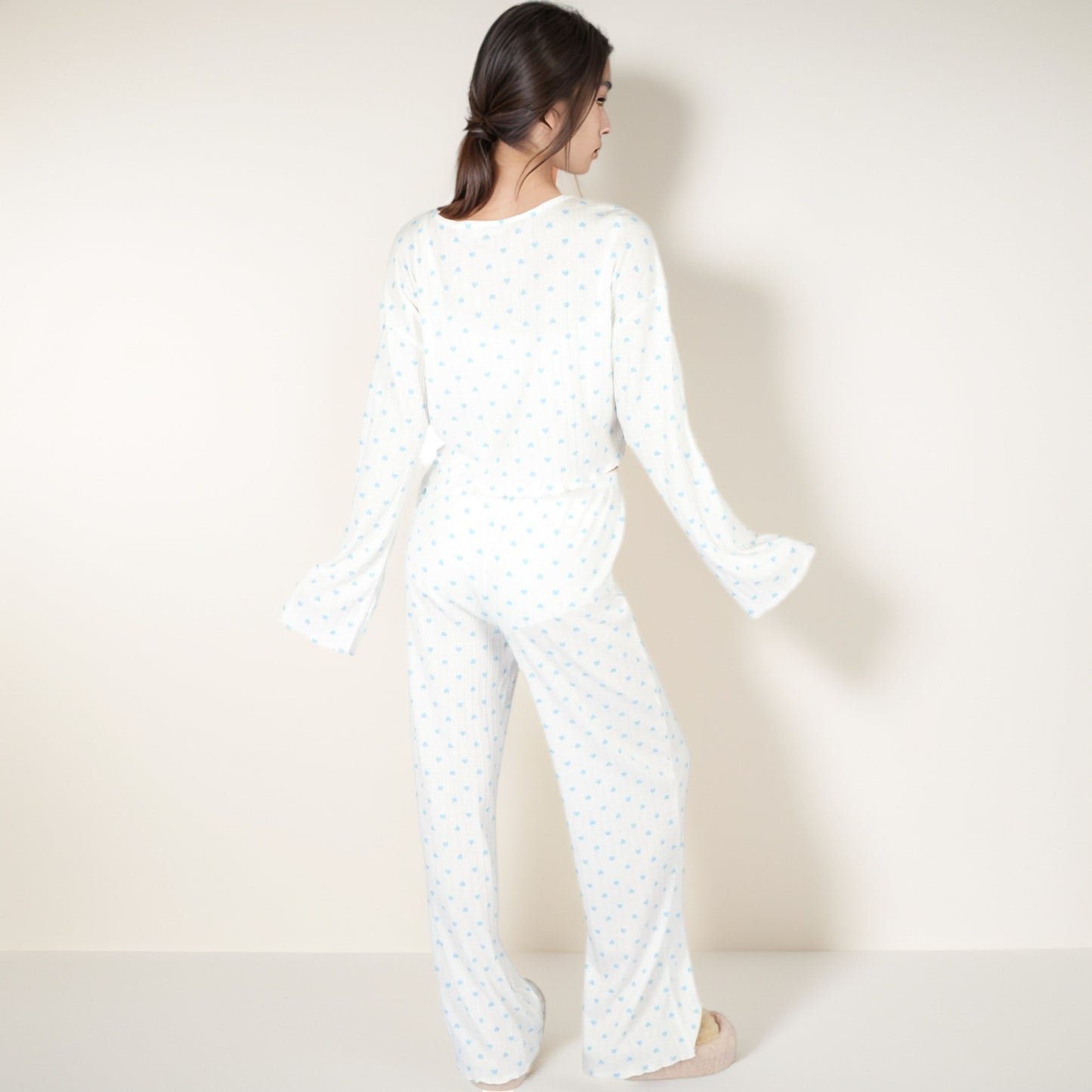 Anna-Kaci Lounge Women's Heart Print Long Sleeve Cropped Top and Wide Leg Pajama Pants Lounge Set
