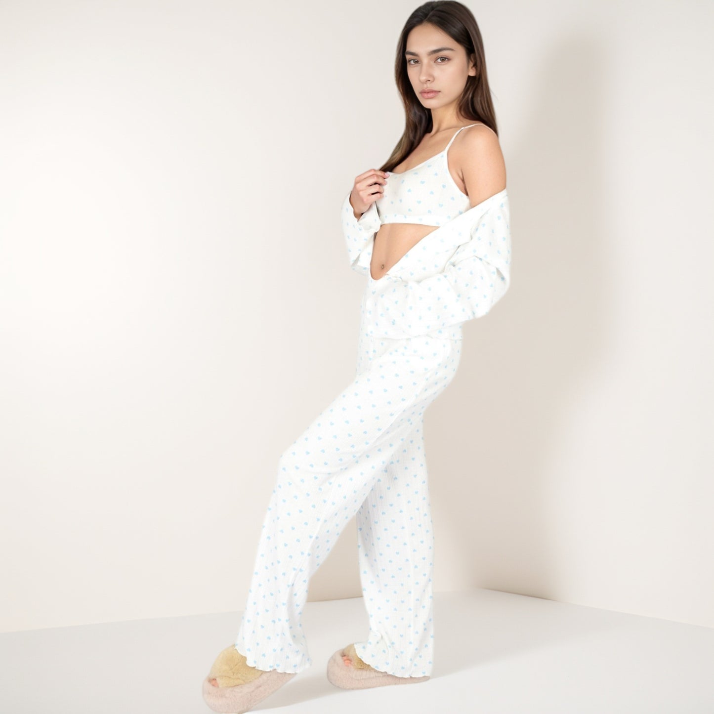 Anna-Kaci Lounge Women's Heart Print Long Sleeve Cropped Top and Wide Leg Pajama Pants Lounge Set
