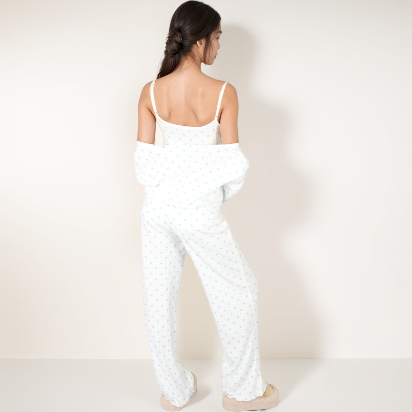 Anna-Kaci Lounge Women's Heart Print Long Sleeve Cropped Top and Wide Leg Pajama Pants Lounge Set