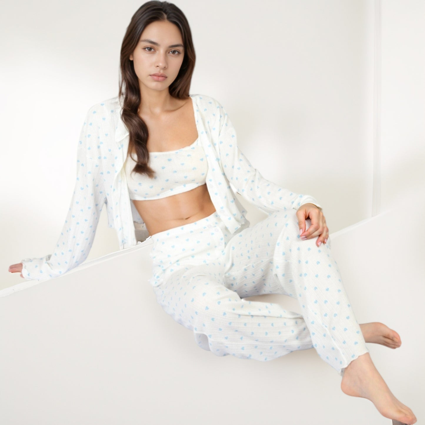 Anna-Kaci Lounge Women's Heart Print Long Sleeve Cropped Top and Wide Leg Pajama Pants Lounge Set