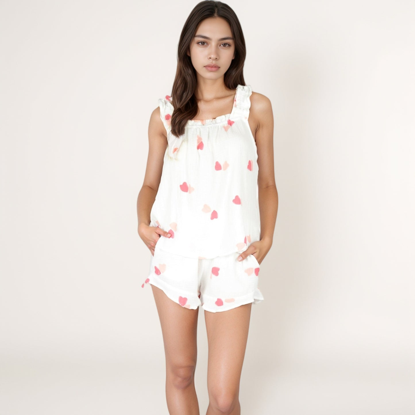 Anna-Kaci Lounge Women's Ruffle Strap Pajama Set with Peach Heart Print and Flowy Sleeveless Top