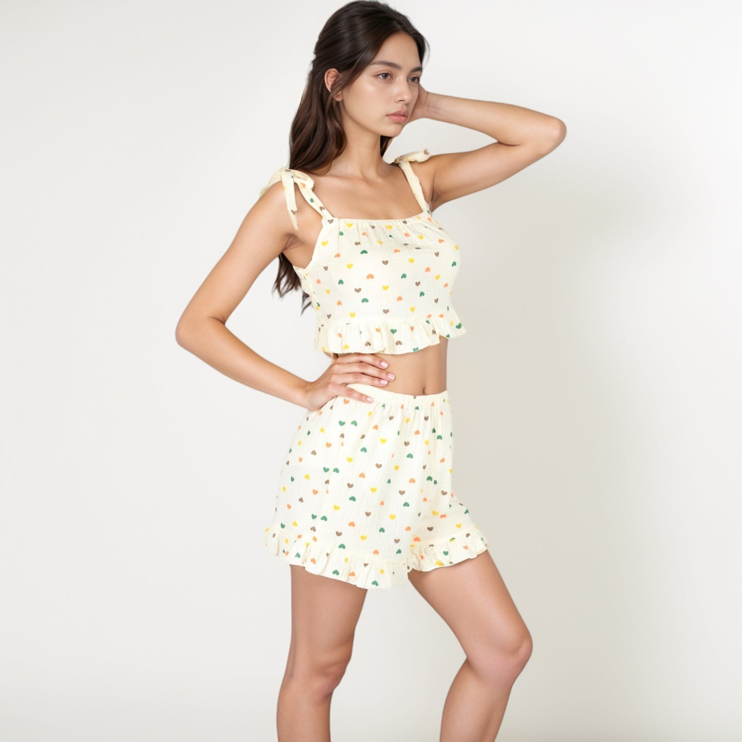Anna-Kaci Lounge Women's Ruffle Hem Pajama Set with Tie Strap Crop Top and Multicolor Heart Print