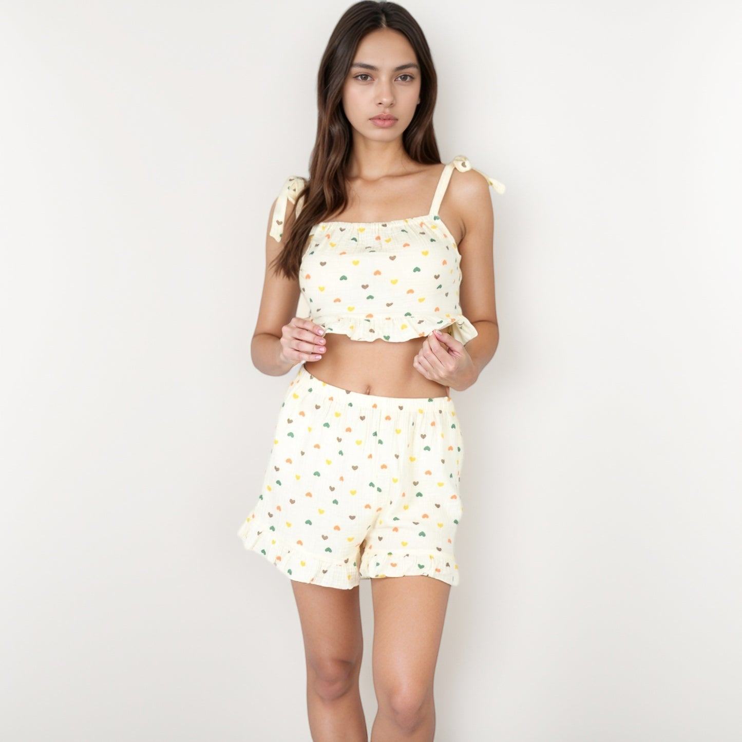 Anna-Kaci Lounge Women's Ruffle Hem Pajama Set with Tie Strap Crop Top and Multicolor Heart Print