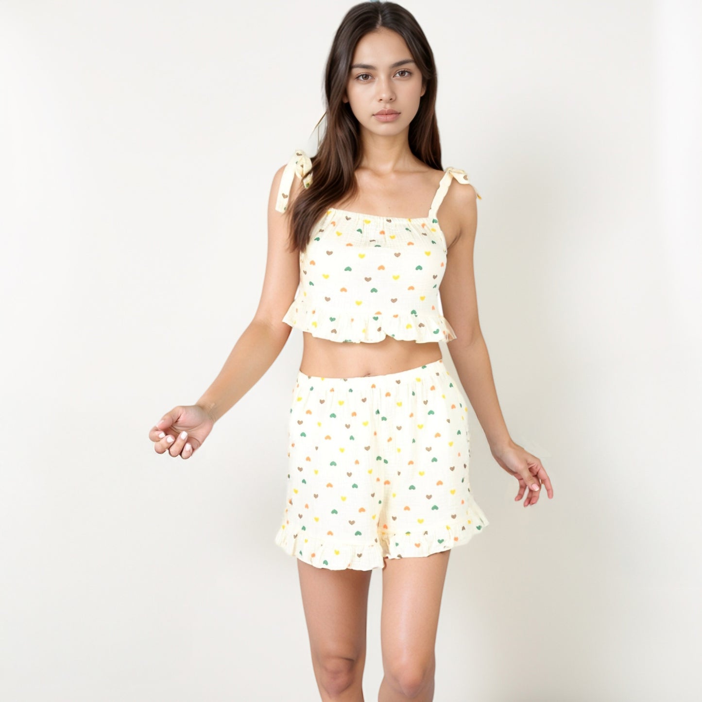 Anna-Kaci Lounge Women's Ruffle Hem Pajama Set with Tie Strap Crop Top and Multicolor Heart Print