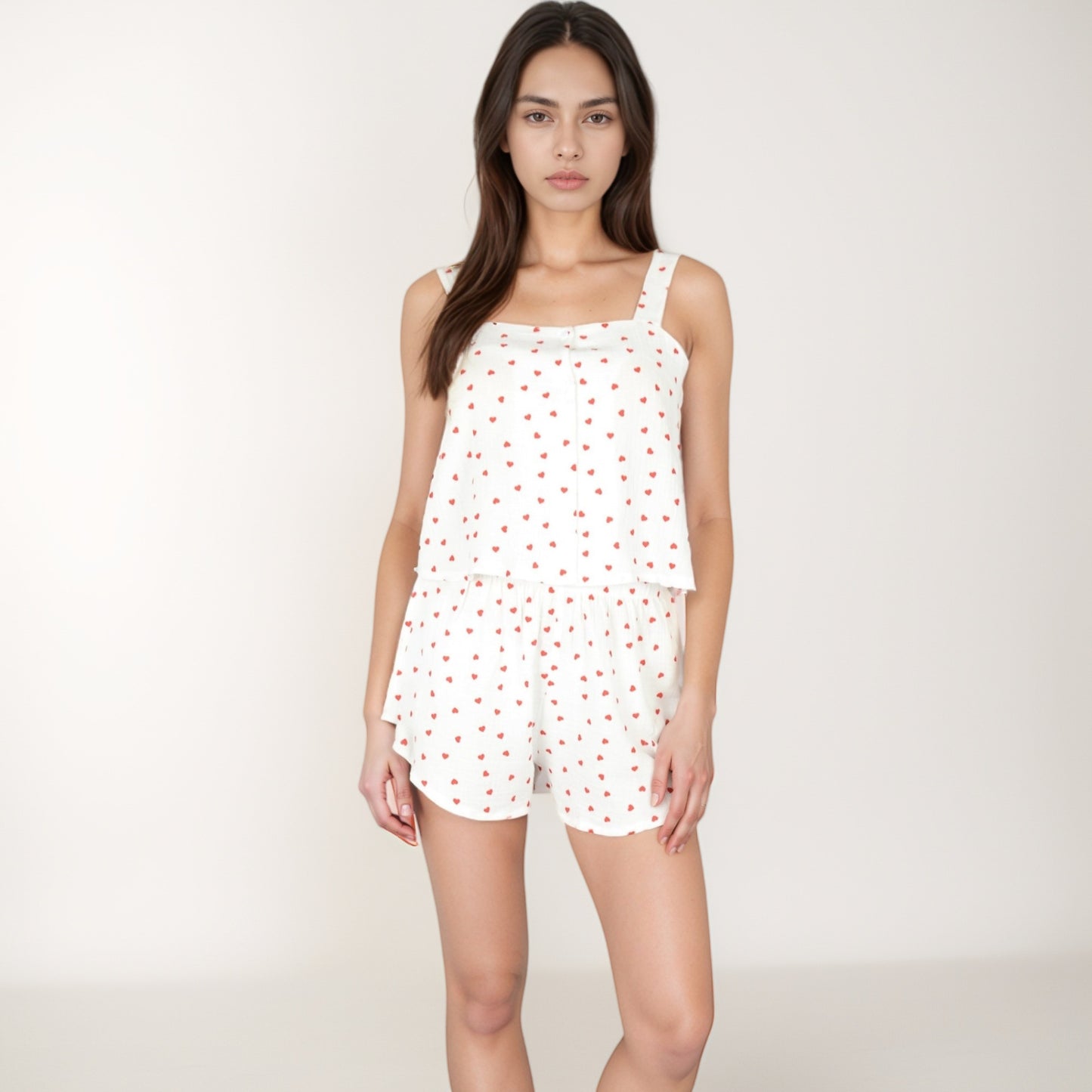 Anna-Kaci Lounge Women's Heart Print Pajama Set with Wide Strap Tank Top and Elastic Waist Shorts