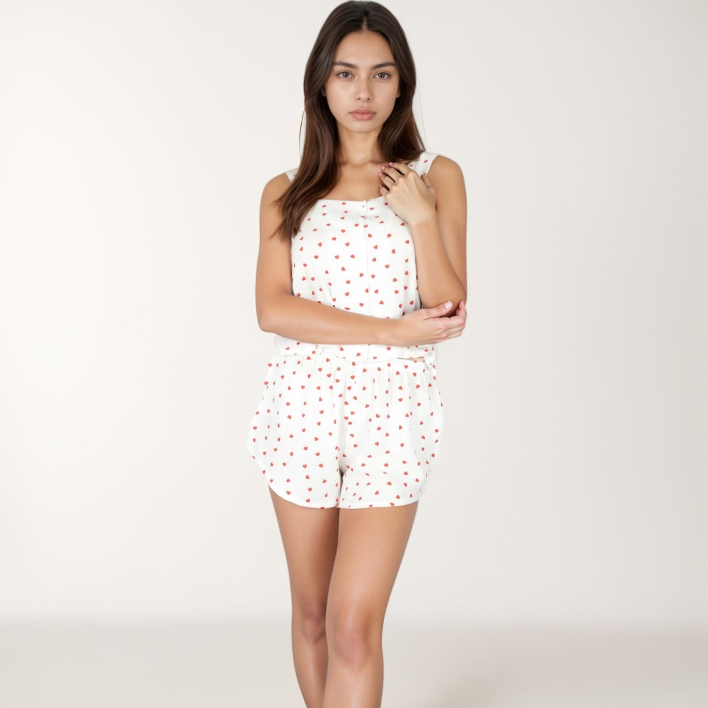 Anna-Kaci Lounge Women's Heart Print Pajama Set with Wide Strap Tank Top and Elastic Waist Shorts